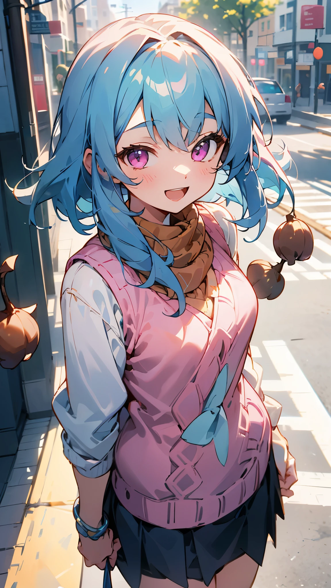 16 year old girl、light blue hair、pink eyes、smile、open your mouth、small breasts、large amount of acorns、skirt、knitwear、（colorful）、cowboy shot、From above、outdoor、morning、high buildings in the background、sidewalk、upper body close-up