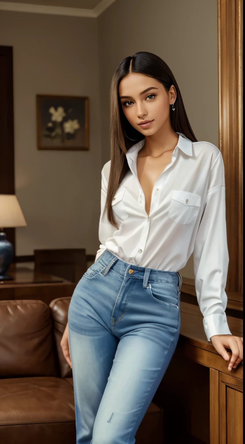 , 16 years old, European, Blonde, Big eyes, pussy in her hair, button-down shirt, jeans with suspenders, Ray Tracing, HDR