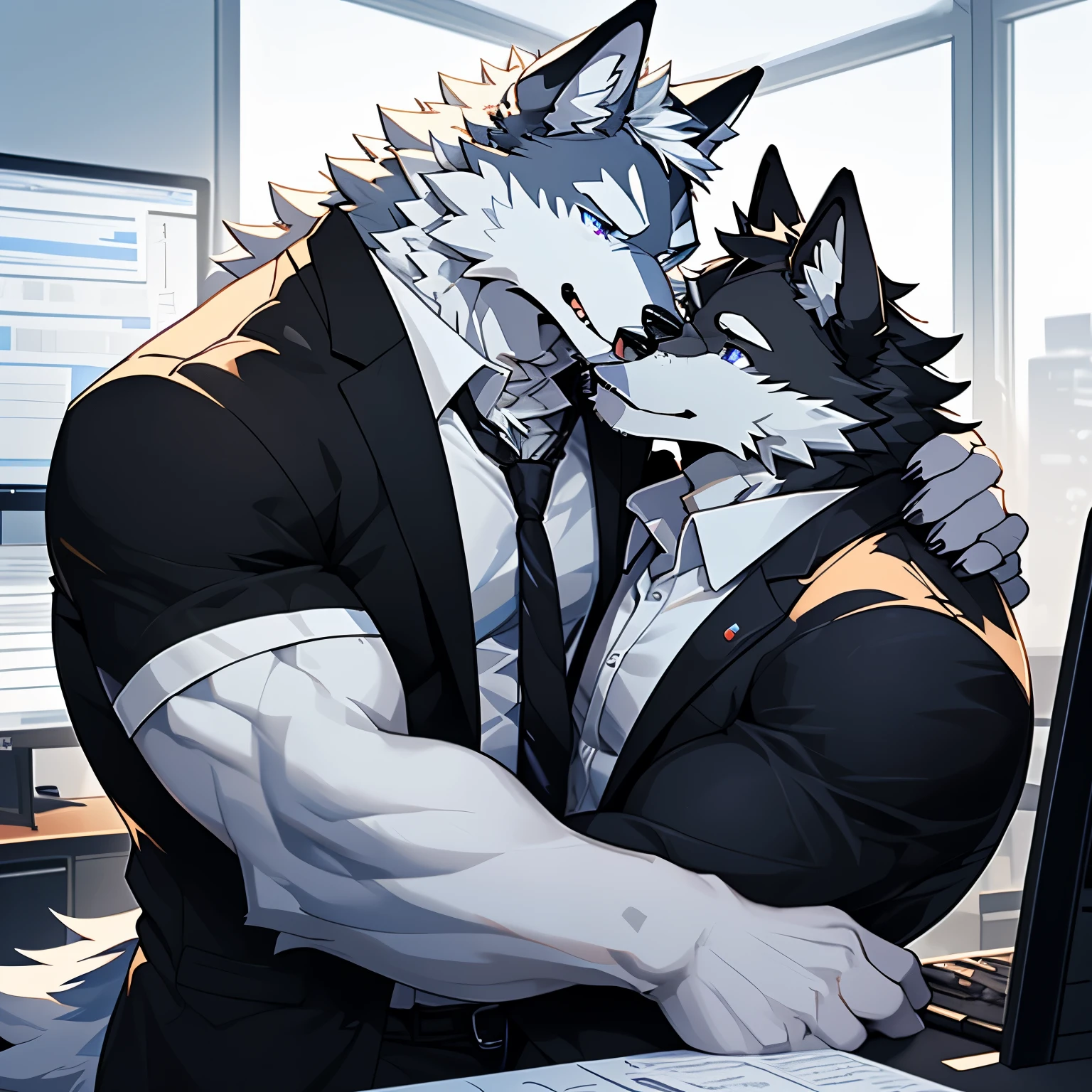 (Best Quality), 1Male,  (Furry Black-and-white Bicolor Wolf), Blue Eyes, White Medium Hair, Business Set, Muscular, Good Looking, teeth, 1Male, (Furry Black Wolf), Purple Eyes, Business Set, Good Looking, Muscular, ((Black-and-white Bicolor Wolf kissing Black Wolf)), Comfortable, Warm Feeling, In office Background.