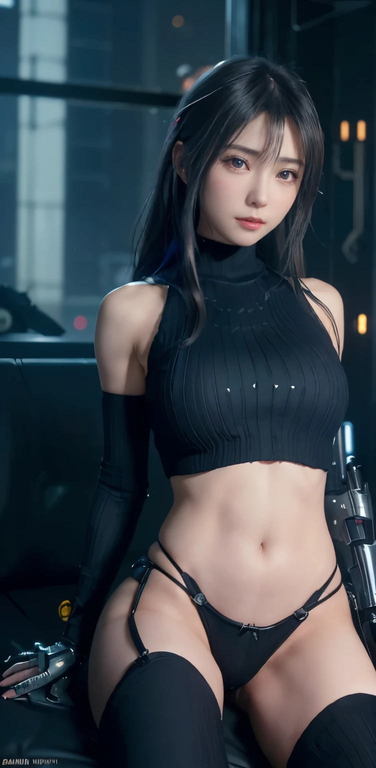 masterpiece、((black sweater))、 ((plug suit)), ((beautiful girl:1.2))、no arms、no clavicle、bare shoulders、mechanized body、Mechanized chest and abdomen、mechanized occiput、Mecha leg rack metallic suit that fits perfectly to the body、 Are standing、tied up、金属robot、((cyberpunk background))、(neon light)、(Futuristic machine factory background)、Cyberdyne、artificial body、All metal body、ironwork、abdominal mechanism、((robotアームとハンド))、((robotの足))、((machine neck))、Inside the spaceship、beautiful girl、16 years old、asian beauty, (Actuator and cable exposed from abdomen.、金属製robotの首から胴体までつながっている、Complex 3d rendering beautiful porcelain profile super get used to itd female android face、cyborg、robot部品、150mm、Soft light in a beautiful studio、rim light、vivid details、gorgeous cyberpunk、Ren Hao、超realistic、anatomical、facial muscles、cable wire microchip、elegant、beautiful background、octane rendering、HR giger style、8K、highest quality、masterpiece、enlightenment、very delicate and beautiful、 非常にget used to itなCG、unity、wallpaper、(realistic、Photoreal:1.37)、wonderful、get used to it、masterpiece、highest quality、official art、Highly get used to itd CG unity 8k wallpaper、absurd、incredibly absurd、、robot、silver bead body esbian、sit on top