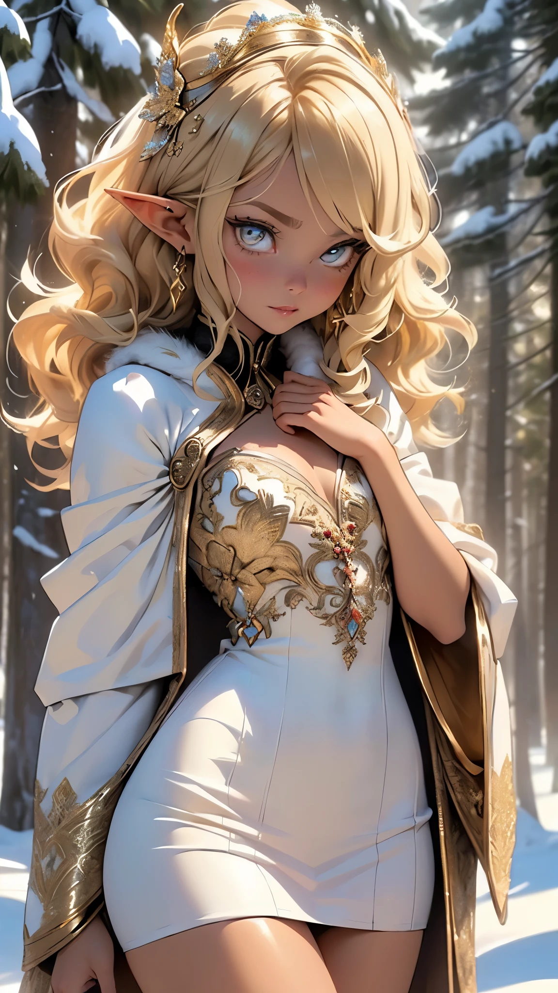 cute  elf,(((little ,tiny little body,little))),(((6 years old))),((anime elf  with extremely cute and beautiful blonde hair)), (((elf))), (((elf ears))),

(((flat chest))),((((blonde hair:1.35,messy blonde hair,colored inner hair,ear breathing)))),(((gold_eyes:1.3))),intricate eyes,beautiful detailed eyes,symmetrical eyes,big eyes:1.5,(((lustrous skin:1.5,bright skin: 1.5,skin tanned,shiny skin,very shiny skin,shiny body,plastic glitter skin,exaggerated shiny skin,illuminated skin))),(delicate detailed fingers,detailed body,(detailed face)),

cute,slutty,erotic,daring,((nsfw)),

zettai ryouiki,revealing clothing,show skin,(((Sexy ivory fur cloak, ivory fur cloak outfit, wearing a ivory fur cloak:1.3,ivory winter cloak))), ((ivory mini-skirt,ivory mini skirt with furry edge,visible thong straps)),((underpants strap)),(white gloves,ivory clothes,semi-naked,with little ivory clothing,(((furry edge clothing)))),(((intricate outfit,intricate clothes,embroidered outfit,ornate outfit,embroidered clothes,ornate clothes))),

(dynamic pose:1.0),embarrassed,(centered,scale to fit dimensions,Rule of thirds),

((snowy pine forest)),winter,scenery:1.25,((intricate scenery)),((snow forest background)),

(Glossy winter ornaments),highres,sharp focus,(ultra detailed,extremely detailed),(photorealistic artwork:1.37),(extremely detailed CG unity 8k wallpaper),(((vibrant colors,vibrant theme))),(intricate),(masterpiece),(best quality),
