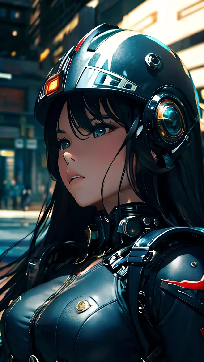 best image quality, excellent details, 超High resolution, (fidelity: 1.4), best illustrations, Favor details, 1girls high concentration, With a delicate and beautiful face, dressed in black and white mecha, Wearing a mecha helmet, Have a direction controller, riding on motorcycle, the background is a high-tech lighting scene of the futuristic city. masterpiece, 最high quality, high quality, High resolution, (close up of face)