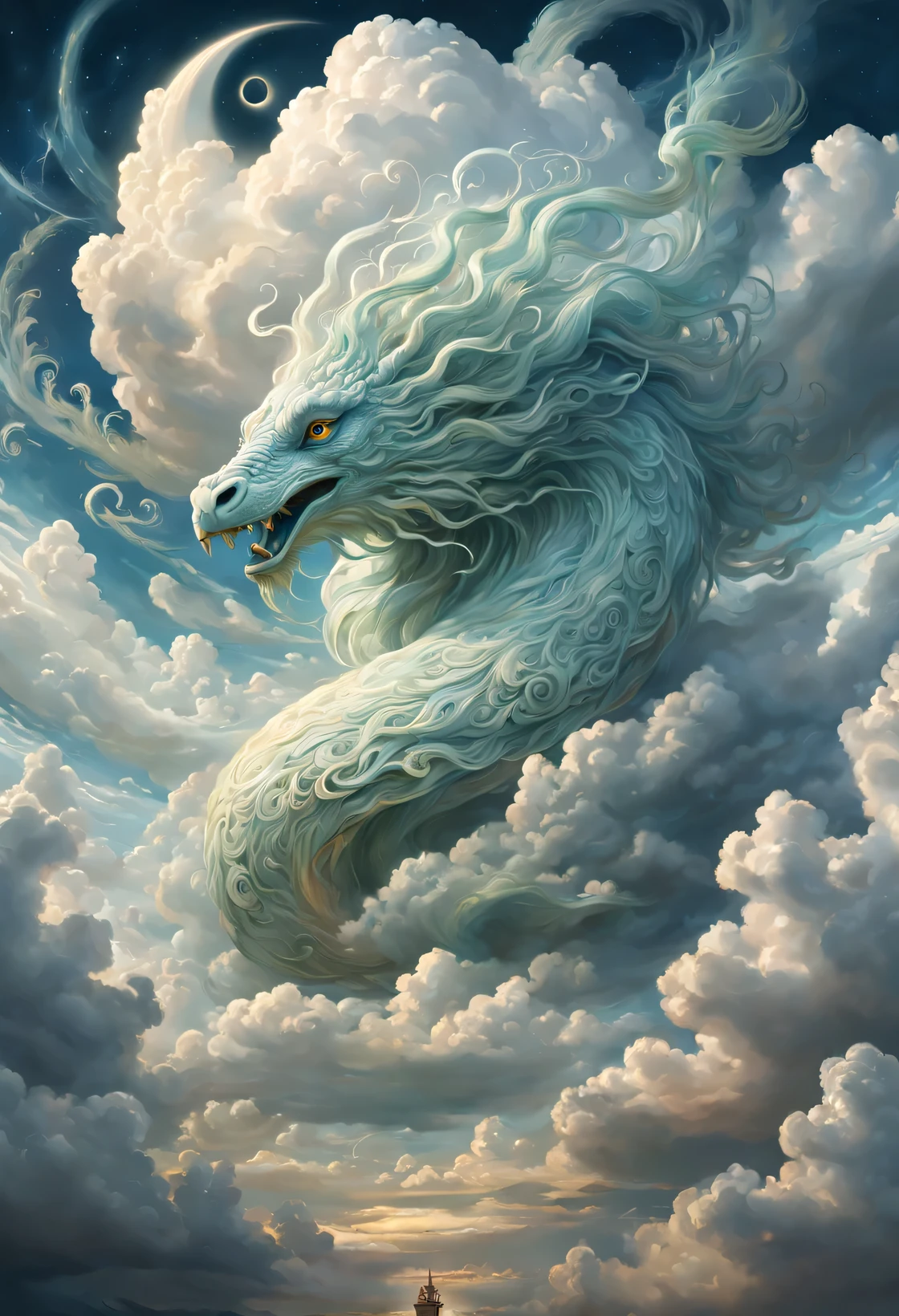 A celestial drama unfolded in the ethereal heavens as thick clouds formed an awe-inspiring spectacle. The billows weaved together, creating a wondrous creature of mythical lore. This captivating manifestation has become popular on Artstation, depicted with precise brushstrokes. The studio portrait reveals unrivaled intricacy and breathtaking detail. The creation is adorned with minuscule intricacies that are indescribable.