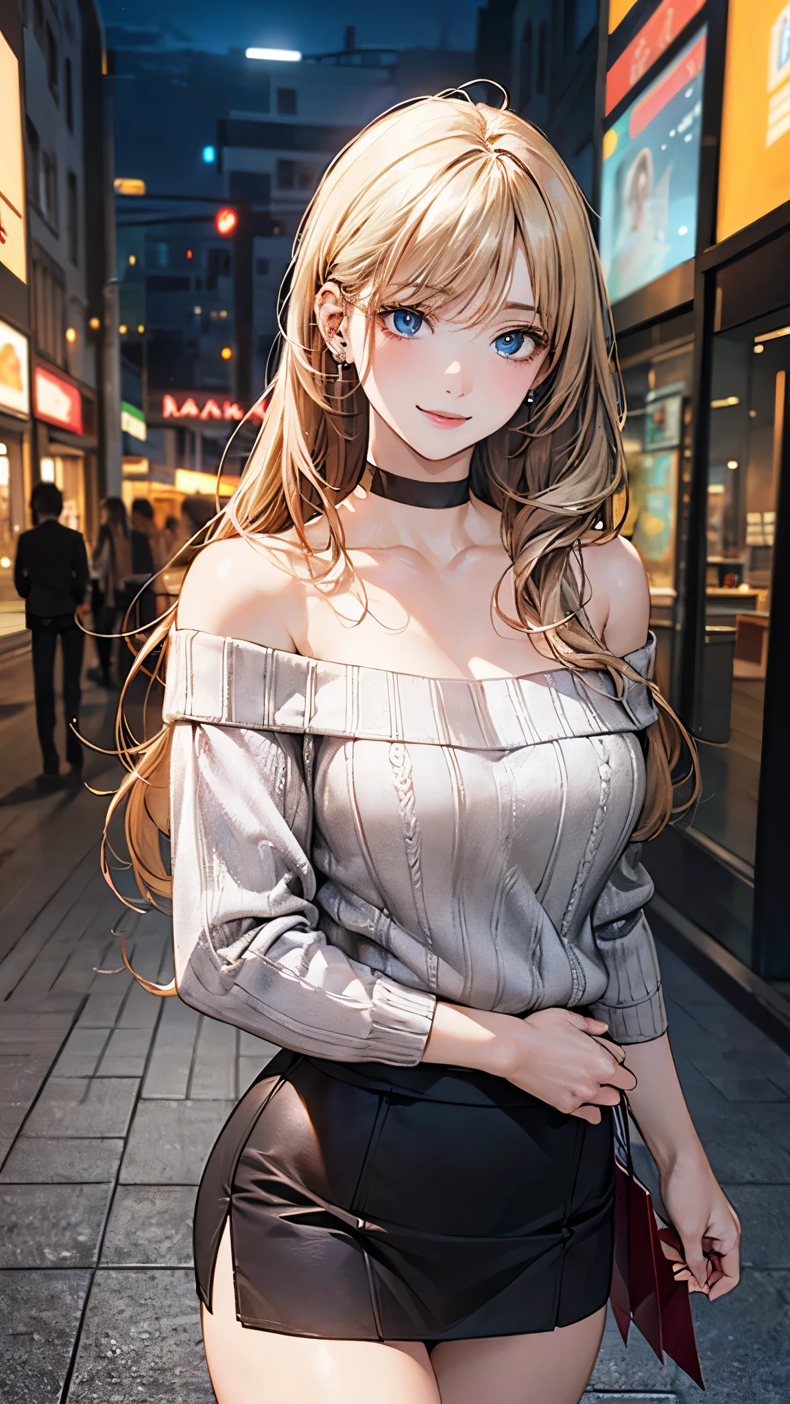 (masterpiece:1.2, top-quality), (realistic, photorealistic:1.4), beautiful illustration, (natural side lighting, movie lighting),
looking at viewer, 1 girl, japanese, high school girl, perfect face, cute and symmetrical face, shiny skin, face,
(long hair, straight hair, sideburns, blond hair), swept bangs, blue eyes, (middle breasts, seductive thighs, big ass), piercings,
beautiful hair, beautiful face, beautiful detailed eyes, beautiful clavicle, beautiful body, beautiful chest, beautiful thigh, beautiful legs, beautiful fingers,
((grey off-shoulder sweater, white tight skirt, ), black choker),
(beautiful scenery), evening, (shopping mall), walking, (lovely smile, upper eyes),