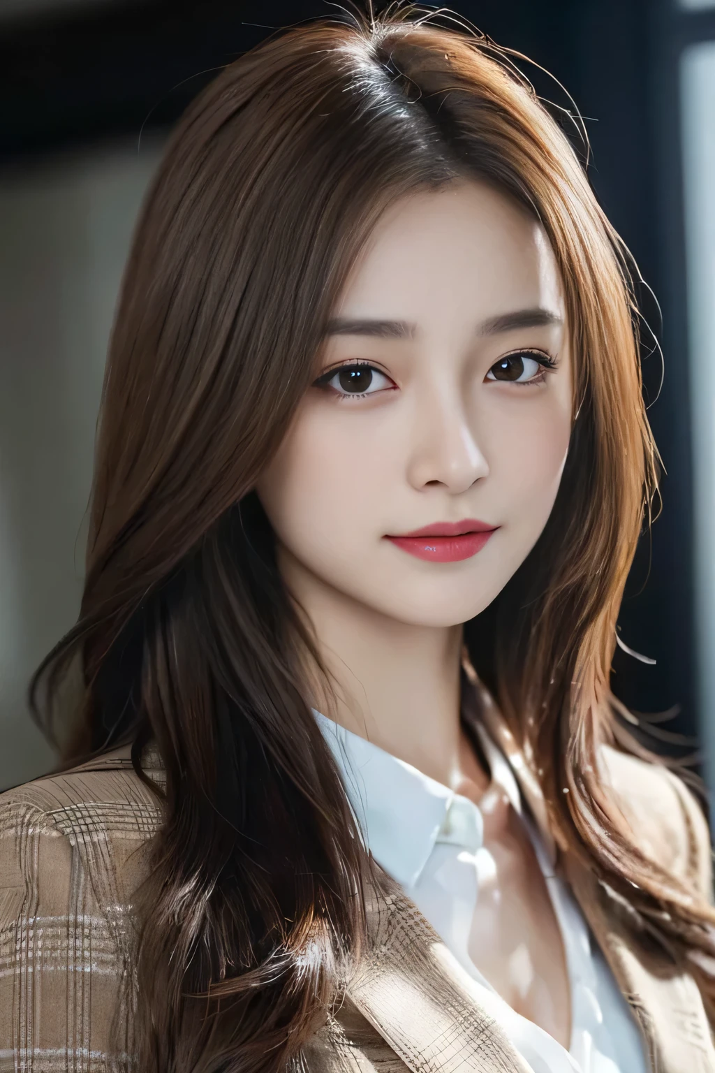 table top, highest quality, realistic, Super detailed, finely, High resolution, 8k wallpaper, 1 beautiful woman,, light brown messy hair, wearing a business suit, sharp focus, perfect dynamic composition, beautiful and detailed eyes, thin hair, Detailed realistic skin texture, smile, close-up portrait, model body shape