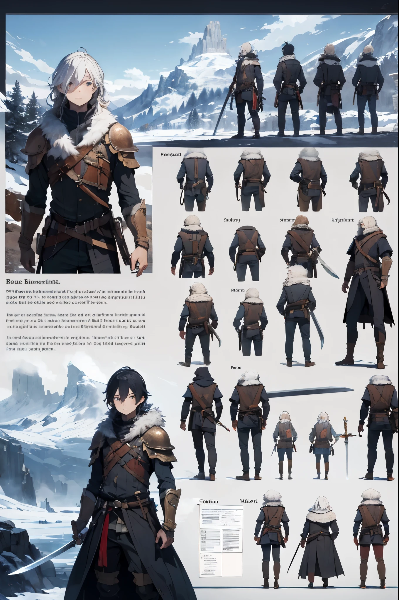 1boy, long hair, pale skin, adventurer, rpg , armor, skinny, fur, masterpiece, fantasy, character sheet, portrait, half body, snow, mountains, sword in hand,