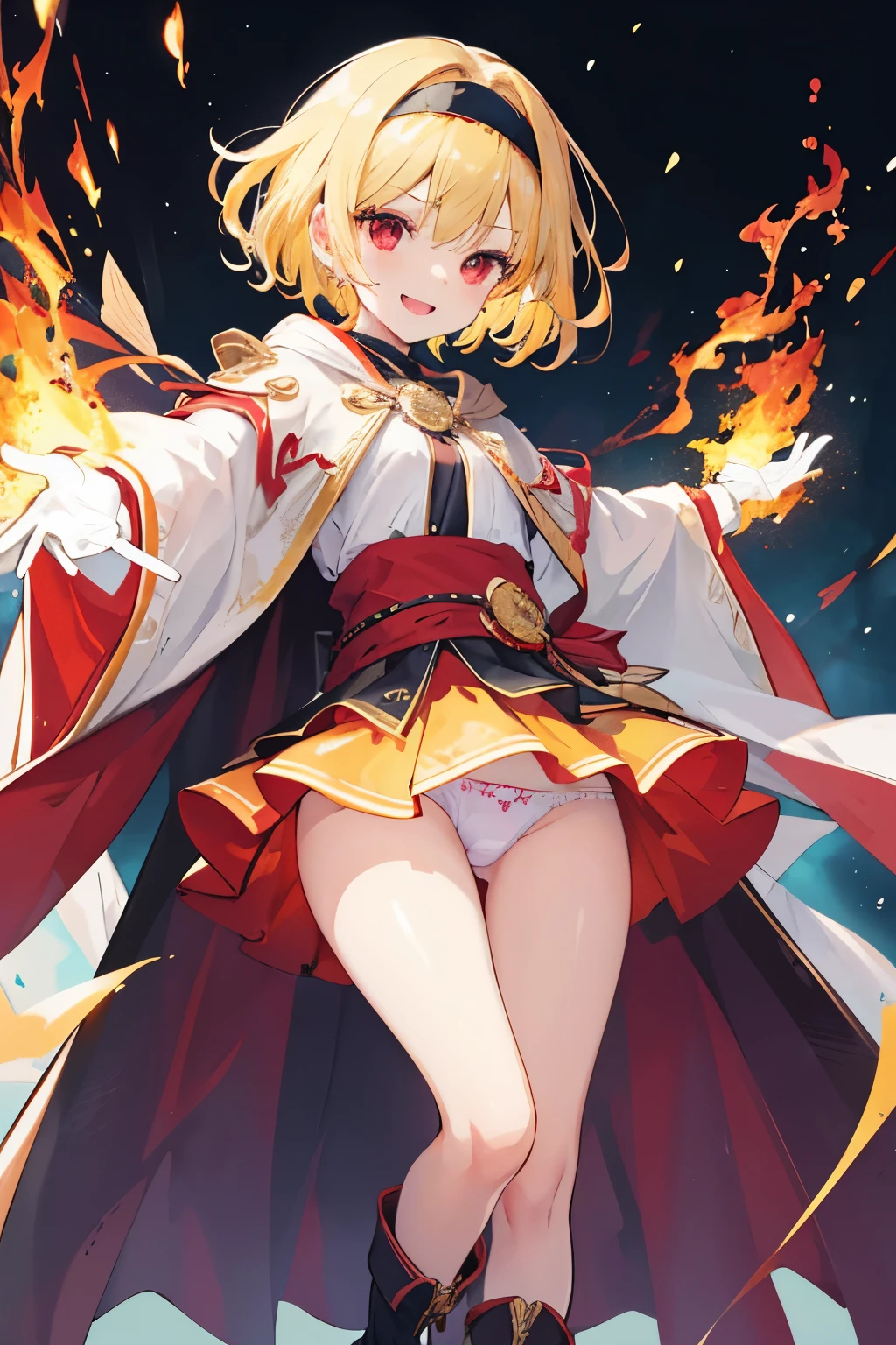 (((1girl))), ((best quality)), ((masterpiece)), ((ultra-detailed)), (illustration), (detailed light), (an extremely delicate and beautiful), (beautiful detailed eyes), (sunlight), ((extremely light)), ((extremely clothes)), (((hyper detail))),(((((front lighting))))),(((((front light))))),
((((quite adorable and girly Master Wizard's robe with a brief skirt and magical headband)))), (((Master Wizard))),
,
(((wavy short manish bob))), ((((yellow gold hair)))), (((short hair))),
(((ruby red eyes))),
((whole body)), aged 5 to 8, ((((())))), ((((very adorable young girl)))),
((condescending expression)), ((mischievous smile with sexual satisfaction)), (((extra adorable))), (((((extra slender shape))))),
(((((extremely beautiful detailed face))))),
(((dynamically attacking enemies by a spell of Harsh Flame Storms and Fire Streams))), (((elegant magic boots))),
(Dutch angle), (((white gloves))), ((transparent magical underskirt)), a little bit exposed adorable magical panties