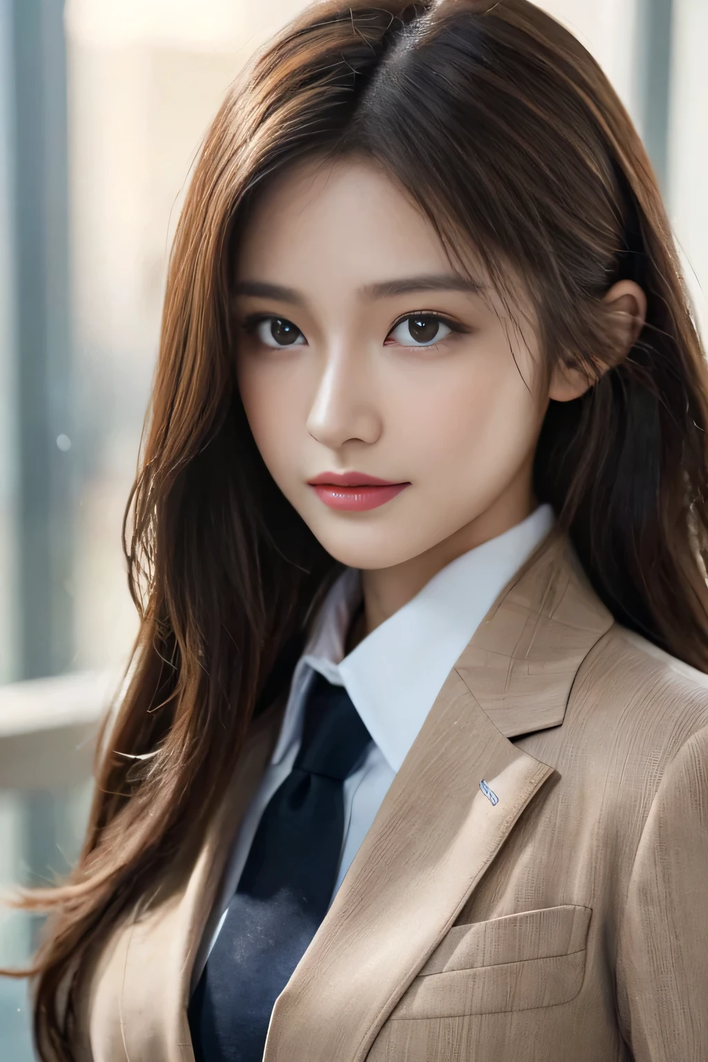 table top, highest quality, realistic, Super detailed, finely, High resolution, 8k wallpaper, 1 beautiful woman,, light brown messy hair, wearing a business suit, sharp focus, perfect dynamic composition, beautiful and detailed eyes, thin hair, Detailed realistic skin texture, smile, close-up portrait, model body shape