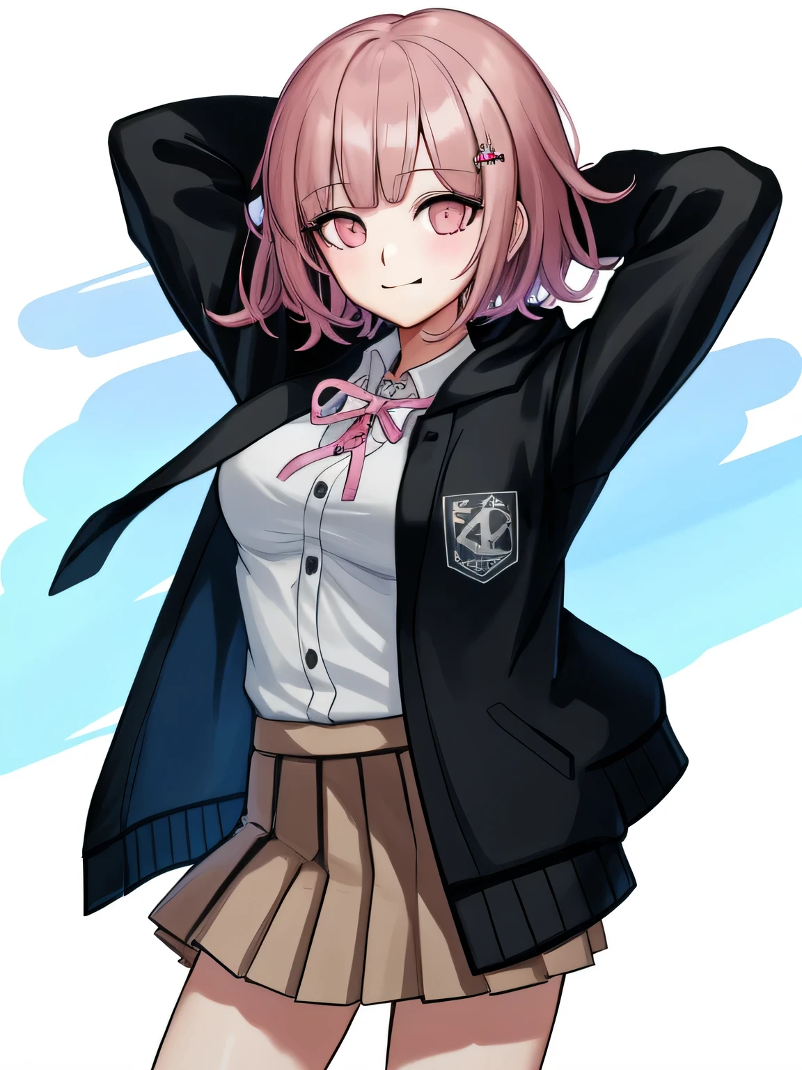 1girl, solo, hair ornament, shirt, jacket, ribbon, skirt, dress shirt, pink ribbon, open clothes, pleated skirt, white shirt, neck ribbon, collared shirt, hood, open jacket, looking at viewer, black jacket, long sleeves, shirt tucked in, brown skirt, hairclip, cowboy shot, two-tone shirt, hooded jacket, breasts, medium hair, closed mouth, solo, cowboy shot, night sky, forest, arms behind head, contrapposto, shy smile, spread armpits,