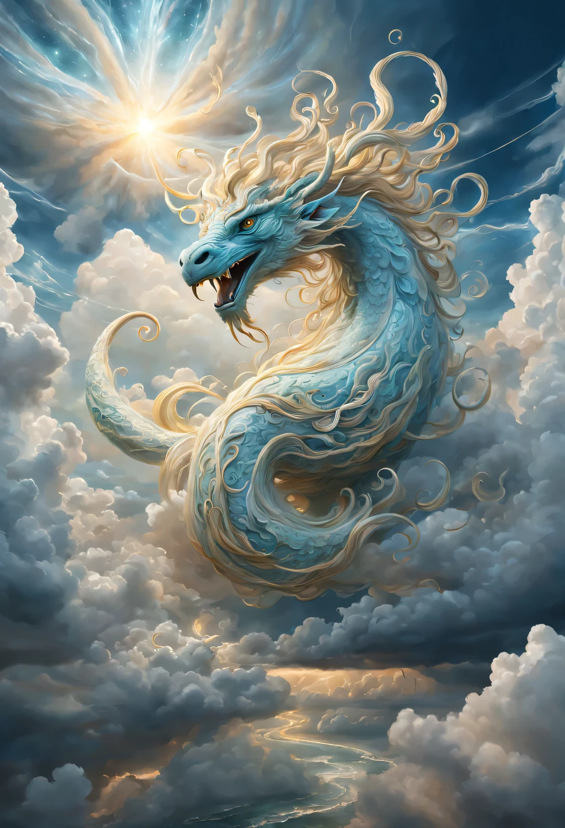 A celestial drama unfolded in the ethereal heavens as thick clouds formed an awe-inspiring spectacle. The billows weaved together, creating a wondrous creature of mythical lore. This captivating manifestation has become popular on Artstation, depicted with precise brushstrokes. The studio portrait reveals unrivaled intricacy and breathtaking detail. The creation is adorned with minuscule intricacies that are indescribable.