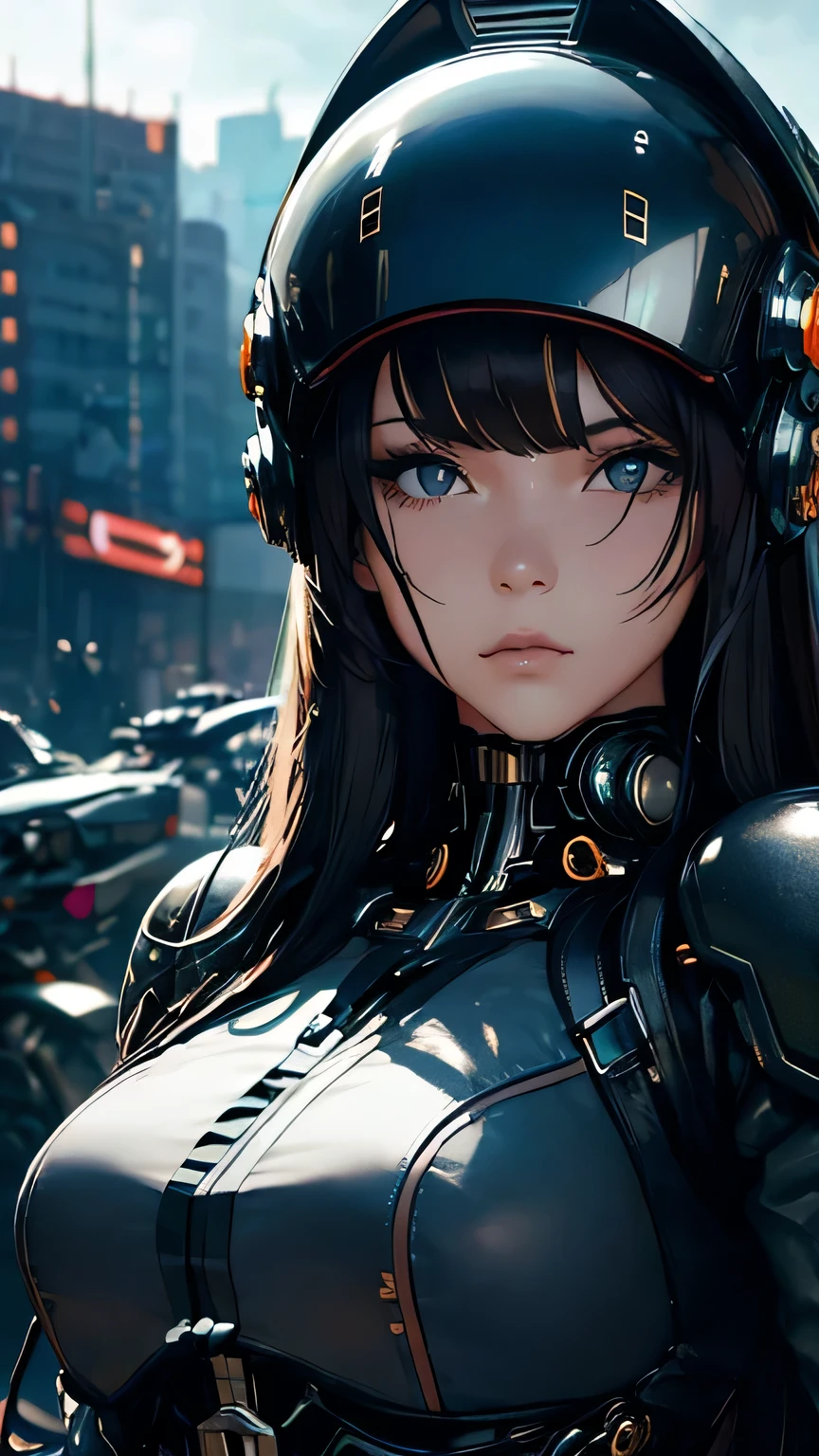 best image quality, excellent details, 超High resolution, (fidelity: 1.4), best illustrations, Favor details, 1girls high concentration, With a delicate and beautiful face, dressed in black and white mecha, Wearing a mecha helmet, Have a direction controller, riding on motorcycle, the background is a high-tech lighting scene of the futuristic city. masterpiece, 最high quality, high quality, High resolution, (close up of face)