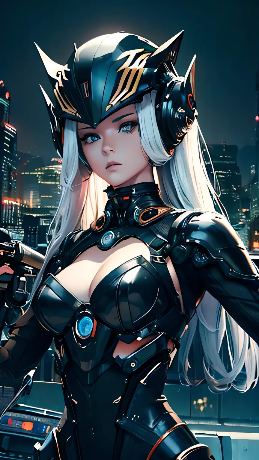 best image quality, excellent details, 超High resolution, (fidelity: 1.4), best illustrations, Favor details, 1girls high concentration, With a delicate and beautiful face, dressed in black and white mecha, Wearing a mecha helmet, Have a direction controller, riding on motorcycle, the background is a high-tech lighting scene of the futuristic city. masterpiece, 最high quality, high quality, High resolution, (portrait)