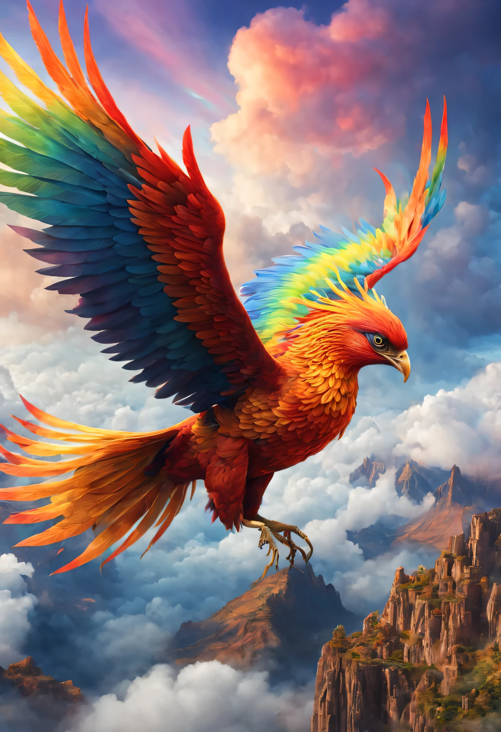 A giant phoenix, soaring into the clouds, The background is a magical world full of fantasy colors, Beautiful and delicate eyes, Beautiful and delicate lips, Extremely detailed eyes and face, long eyelashes, (best quality,4K,8k,high resolution,masterpiece:1.2), Super detailed, (actual,photoactual,photo-actual:1.37), spider, The phoenix flies, Colorful feathers, dream world, magic realm, whimsical background, dreamy cloudscape, Colorful magical world, mysterious atmosphere, charming scenery, surreal environment, Rainbow-colored clouds, Vibrant shades.