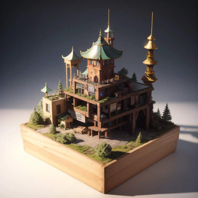 small realistic model, (bifurcation, original photo, best quality, masterpiece:1.4),SteampunkCyberpunk6920 City,(Cyberpunk light:1.3),on the Mars,horizon (related to land),(in a small nature box:1.3),Isometric, small nature, landscape on foundation,landscape,