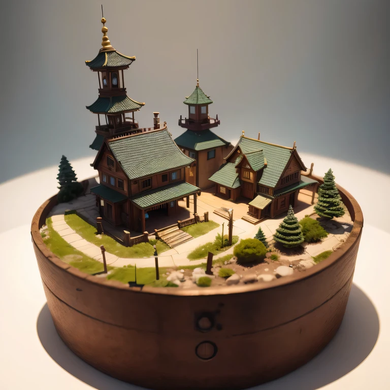 small realistic model, (bifurcation, original photo, best quality, masterpiece:1.4),SteampunkCyberpunk6920 City,(Cyberpunk light:1.3),on the Mars,horizon (related to land),(in a small nature box:1.3),Isometric, small nature, landscape on foundation,landscape,