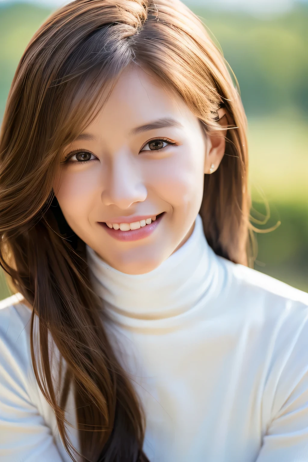 highest quality, masterpiece, (realistic:1.4), 1 girl, smiling eyes, (Ulchan-6500-v1.1:1.0), brown hair, black eye, 18-year-old, Beautiful woman, white turtleneck, spiritual, prayer