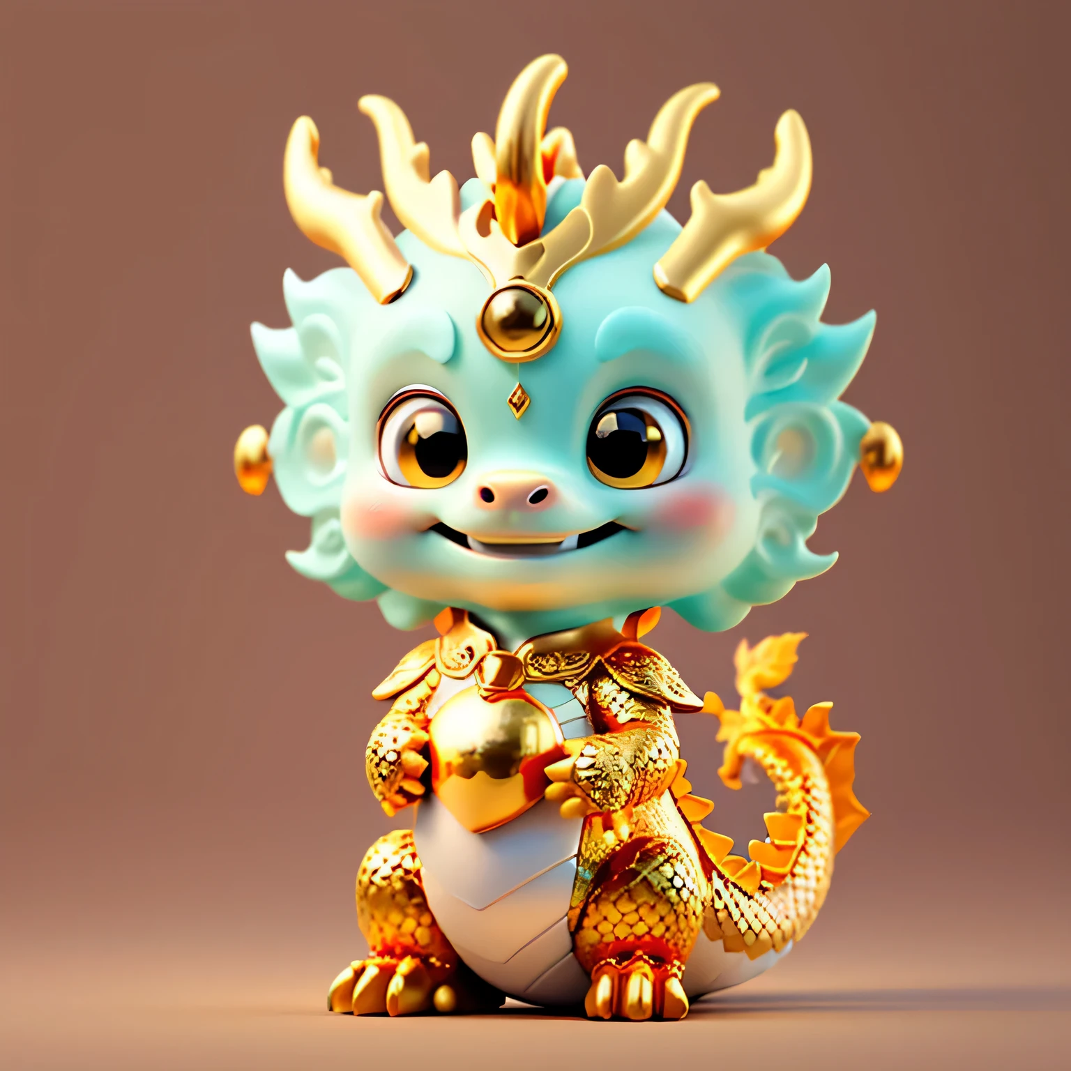 Chinese dragon，The background is casual，Delicate picture quality，HD，happy expression，golden dragon baby，，bowing