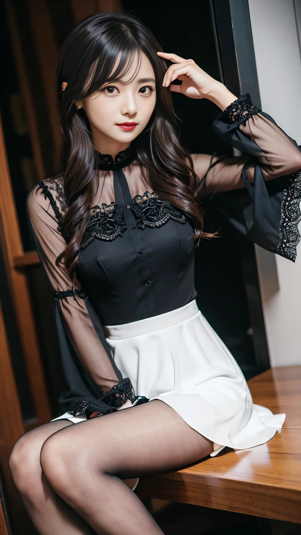 Super detailed、Japanese、charming beauty、seductive adult woman、Dainty woman、sharp eyes、cool girl、wavy hair、suit、Black chiffon、lacy fabric、wide sleeve、wearing a lace insert dress、white blouse、flare skirt、pantyhose、Shiny legs、evilの幹部、evil depravity、brainwashing、Mind control、lipstick、grin、邪evilなな表情、evil、empty eyes、邪evilな、one girl in a dark factory、Are standing