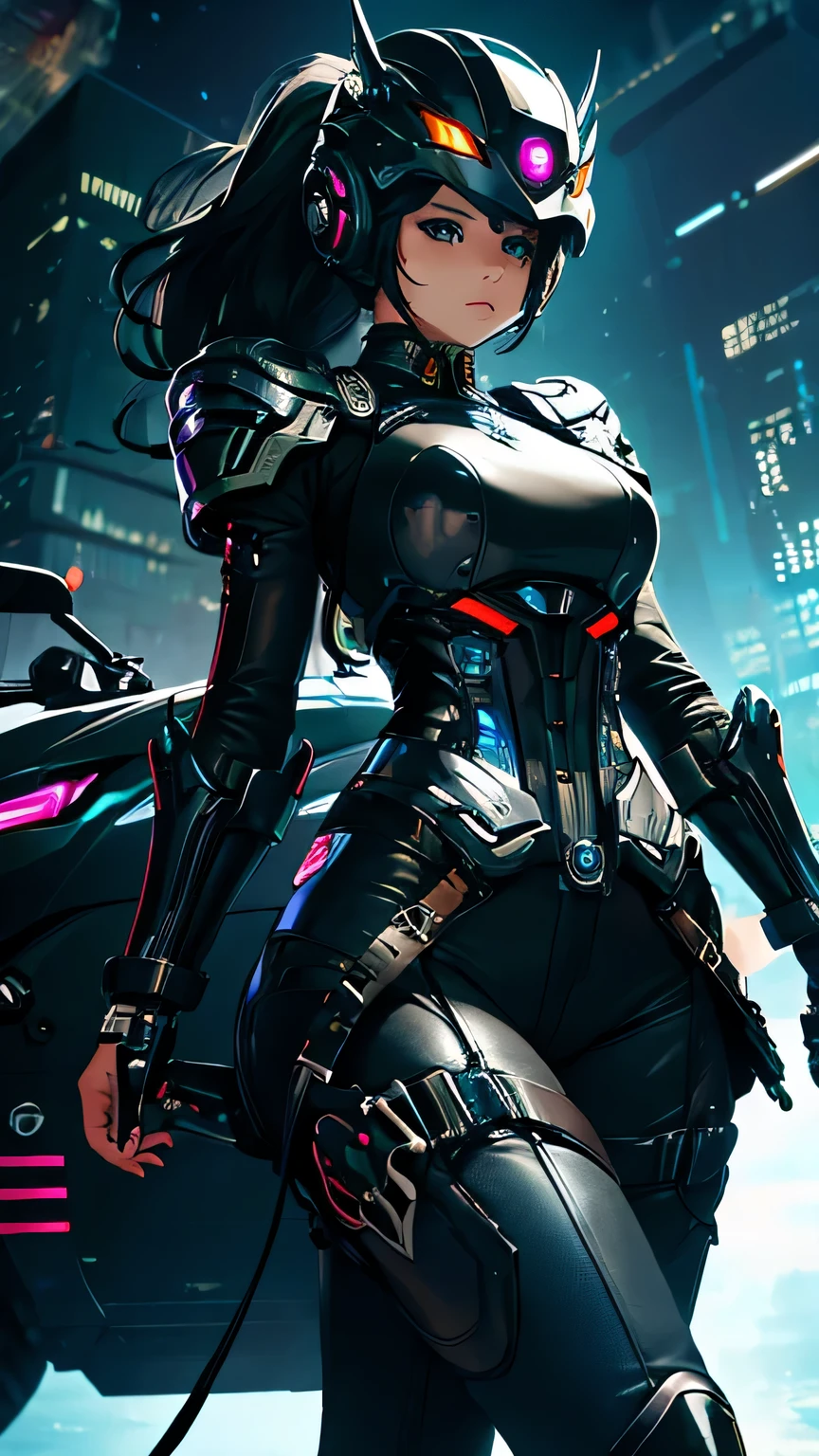 best image quality, excellent details, 超High resolution, (fidelity: 1.4), best illustrations, Favor details, 1girls high concentration, With a delicate and beautiful face, dressed in black and white mecha, Wearing a mecha helmet, Have a direction controller, riding on motorcycle, the background is a high-tech lighting scene of the futuristic city. masterpiece, 最high quality, high quality, High resolution, (portrait)
