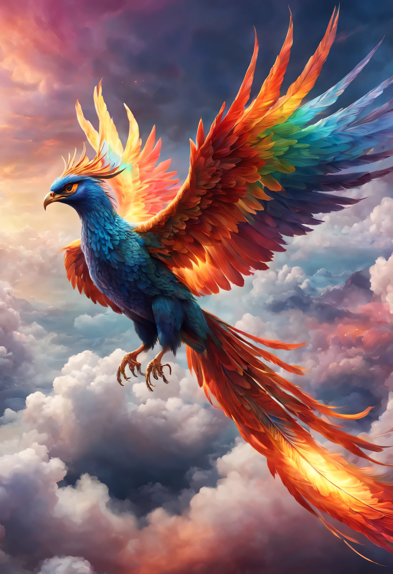 A giant phoenix, soaring into the clouds, The background is a magical world full of fantasy colors, Beautiful and delicate eyes, Beautiful and delicate lips, Extremely detailed eyes and face, long eyelashes, (best quality,4K,8k,high resolution,masterpiece:1.2), Super detailed, (actual,photoactual,photo-actual:1.37), spider, The phoenix flies, Colorful feathers, dream world, magic realm, whimsical background, dreamy cloudscape, Colorful magical world, mysterious atmosphere, charming scenery, surreal environment, Rainbow-colored clouds, Vibrant shades.