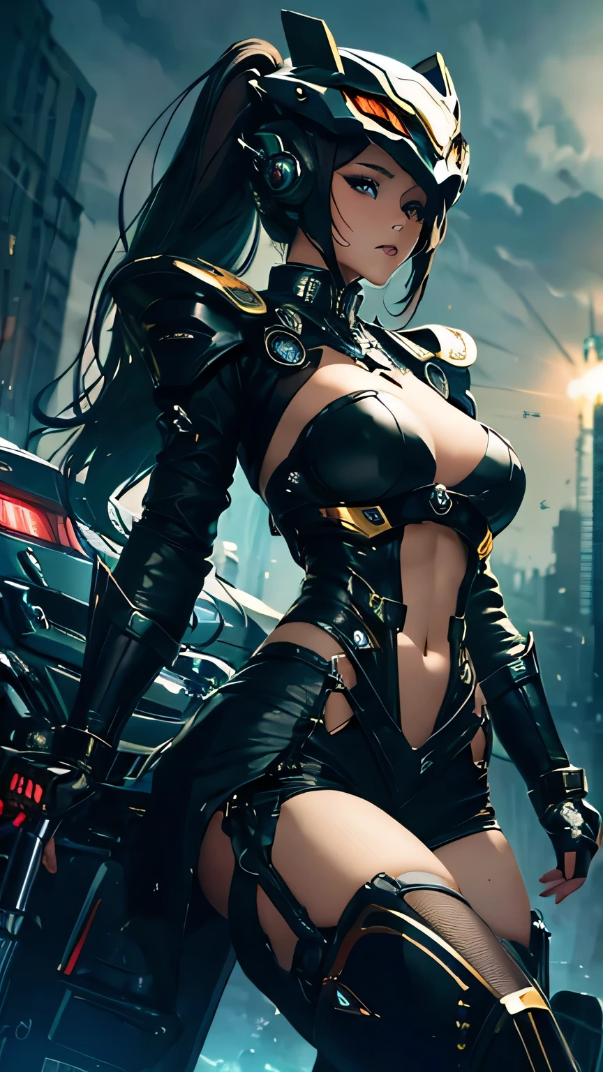 best image quality, excellent details, 超High resolution, (fidelity: 1.4), best illustrations, Favor details, 1girls high concentration, With a delicate and beautiful face, dressed in black and white mecha, Wearing a mecha helmet, Have a direction controller, riding on motorcycle, the background is a high-tech lighting scene of the futuristic city. masterpiece, 最high quality, high quality, High resolution, (portrait)
