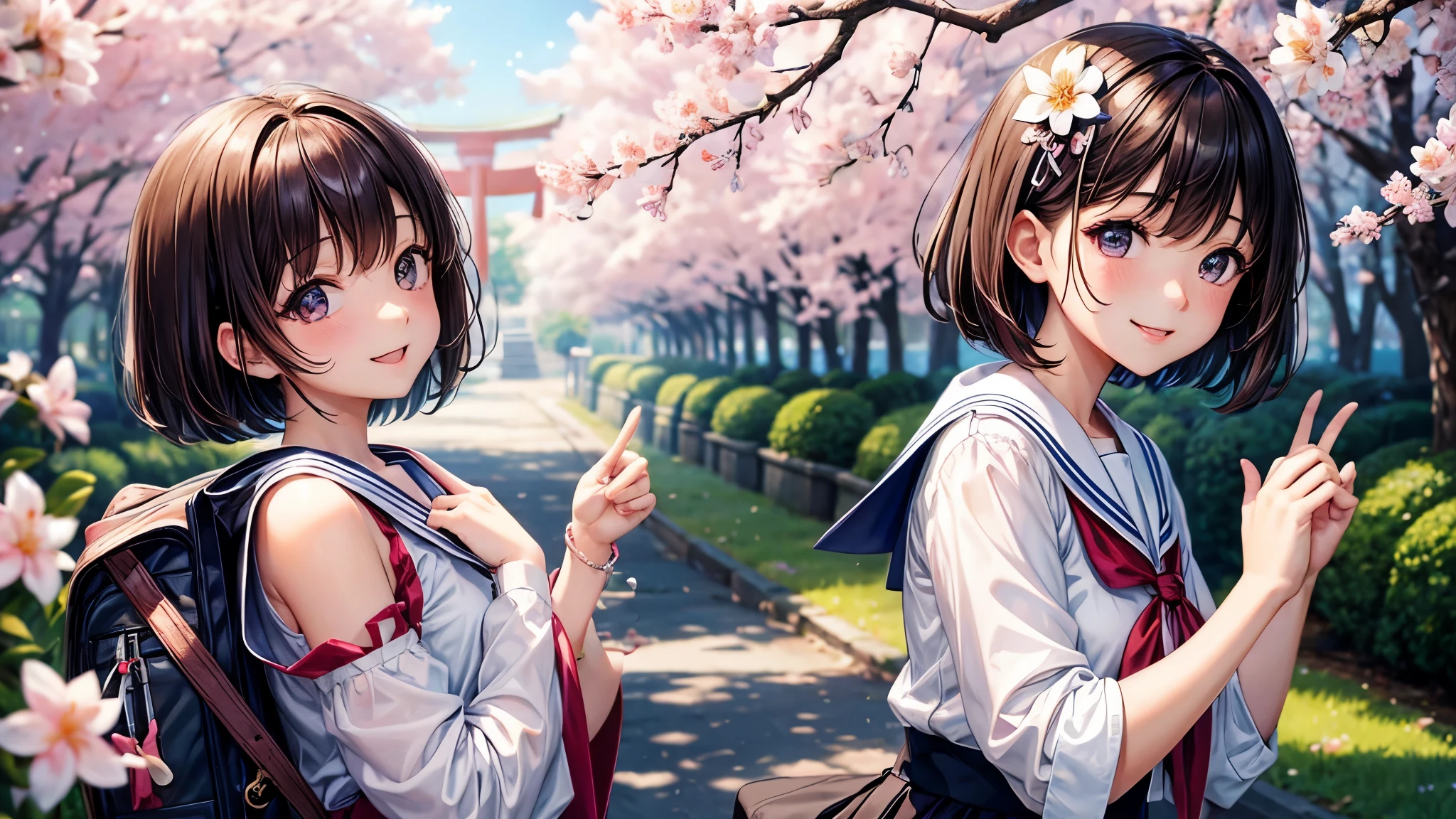 masterpiece、High-definition CG unified 8K wallpaper、1girl、beautiful、real、とっても可愛いgirl、(girl)、dark brown hair、cowboy shot、bob cut、short hair、violet eye、Brown eye、smile、(clear white skin))、branch、梅のflower、depth_of_field、flower、gem、nose、real、solo、uniform、White sailor color、Blitzskirt、Hide fingers、Hide arms、Just wear a bra Information、shrine、torii、cherry blossoms、Mr. Inari、