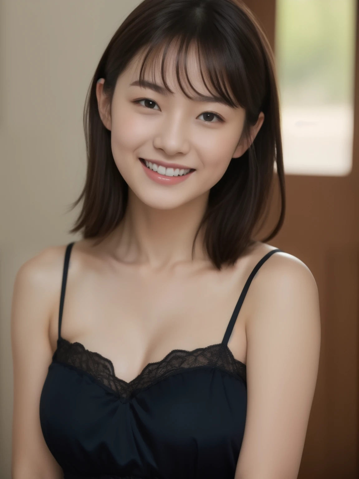 Beautiful 23 year old woman。she is wearing a satin camisole。Lace on the chest and hem.。She looks ecstatic as if she had an orgasm during sex..。her dark brown hair、、her hair is long。High resolution、masterpiece、highest quality、Head w:1.0、((Hasselblad Photos))、fine skin、fine knit、(movie lighting)、clavicle . she has her eyes closed but is smiling.