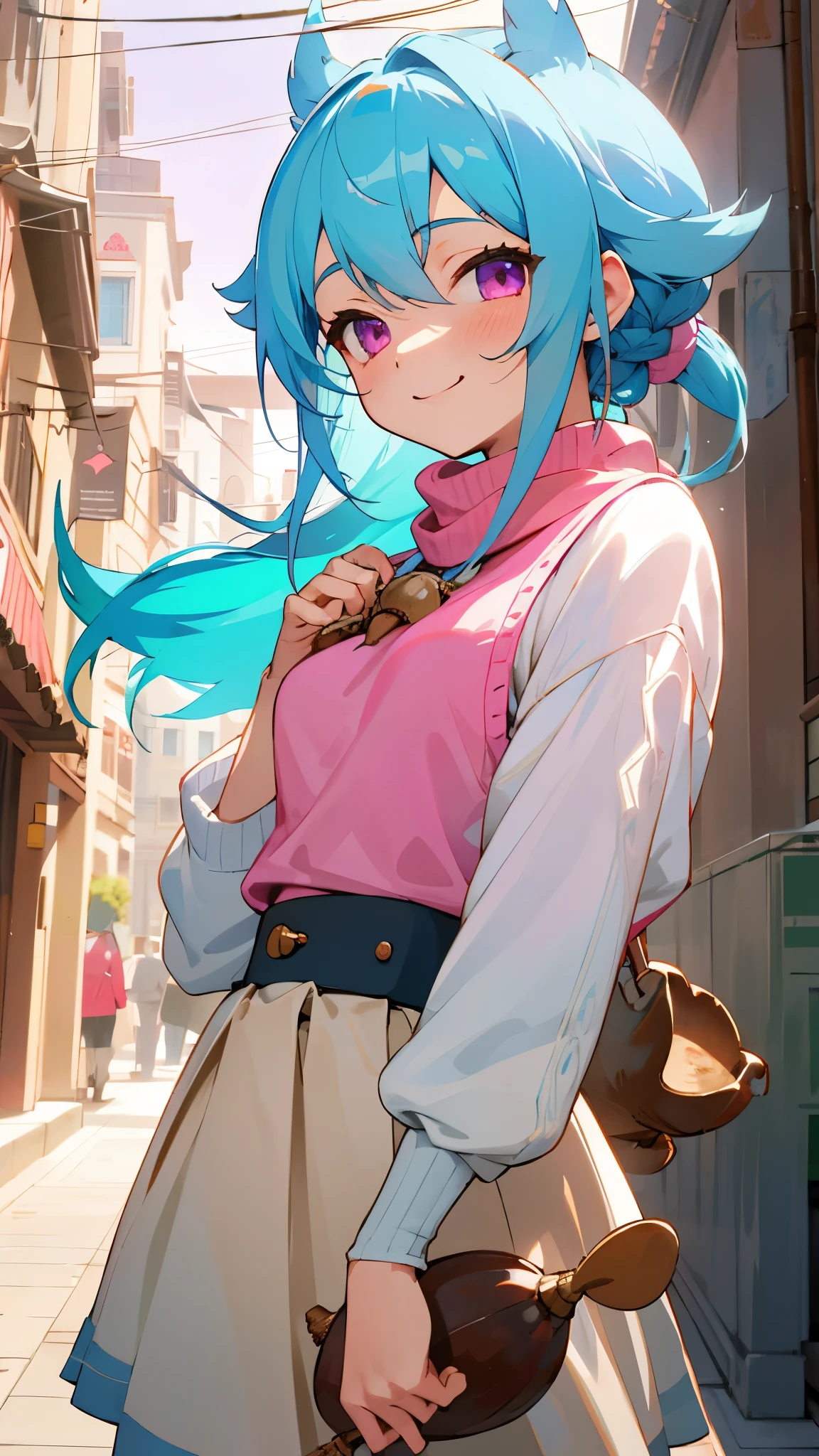 16 year old girl、light blue hair、pink eyes、smile、small breasts、large amount of acorns、skirt、colorful knitwear、cowboy shot、outdoor、morning、high buildings in the background、sidewalk、upper body close-up