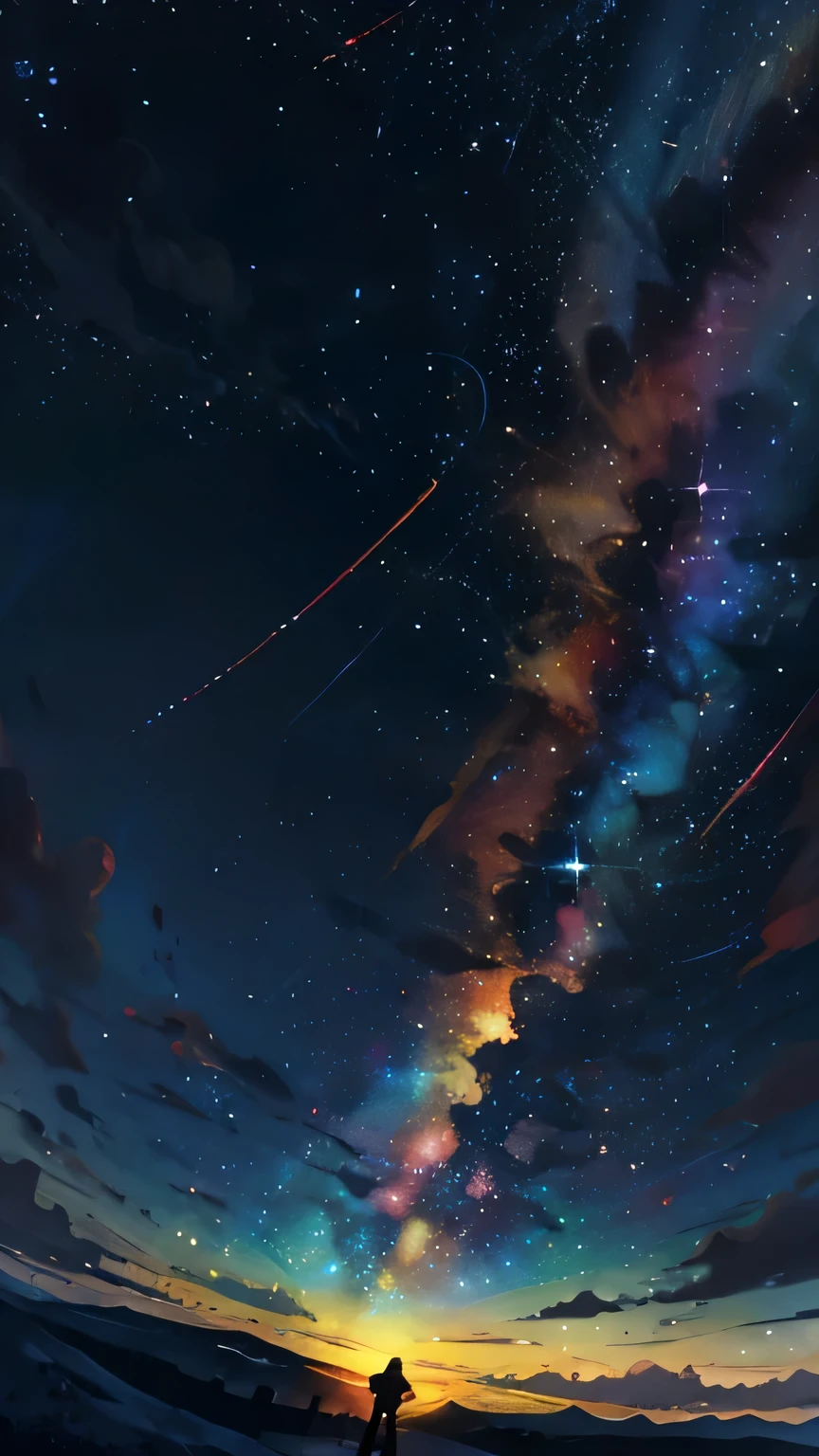 vast landscape photos, (view from below, The sky is above、Publicly), Colorful starry sky,Psychedelic and magical,Astonishing,artwork,Extremely high-end