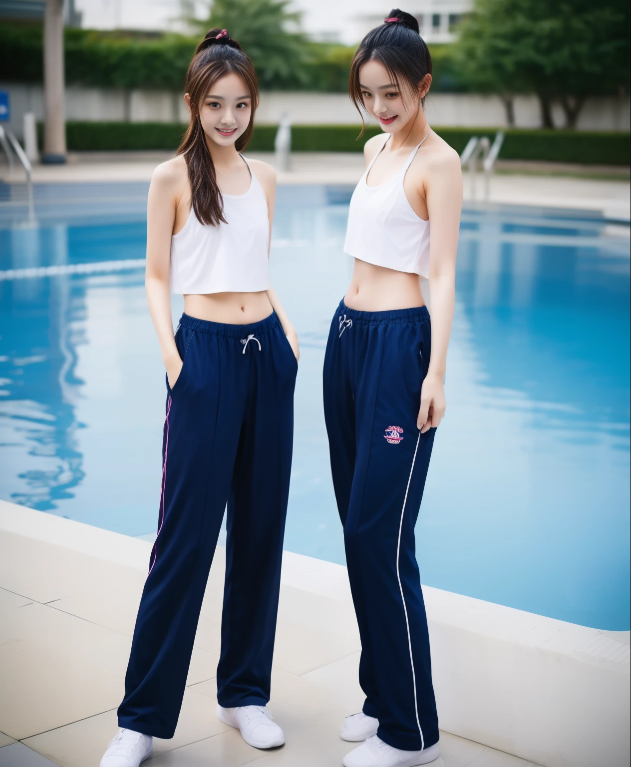 2 girls in the swimming pool, black underwear,Navy Long Trackpant,Sweatpants, Sweatpantsขายาว,25 year old girl, lesbian, sexy, exercise clothes, wet body