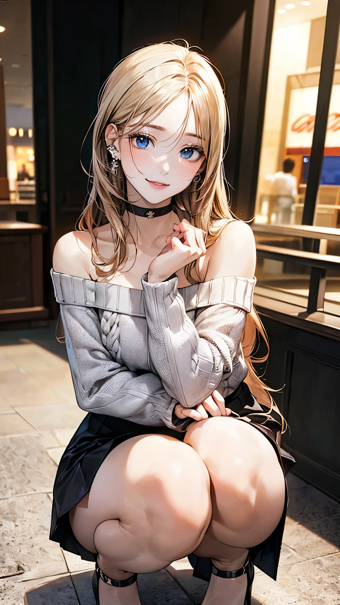 (masterpiece:1.2, top-quality), (realistic, photorealistic:1.4), beautiful illustration, (natural side lighting, movie lighting),
looking at viewer, 1 girl, japanese, high school girl, perfect face, cute and symmetrical face, shiny skin, babyface,
(long hair, straight hair, sideburns, blond hair), swept bangs, blue eyes, (middle breasts, seductive thighs, big ass), piercings,
beautiful hair, beautiful face, beautiful detailed eyes, beautiful clavicle, beautiful body, beautiful chest, beautiful thigh, beautiful legs, beautiful fingers,
((grey off-shoulder sweater, white tight skirt, ), black choker), high heels,
(beautiful scenery), evening, (shopping mall), squatting, (lovely smile, upper eyes),
