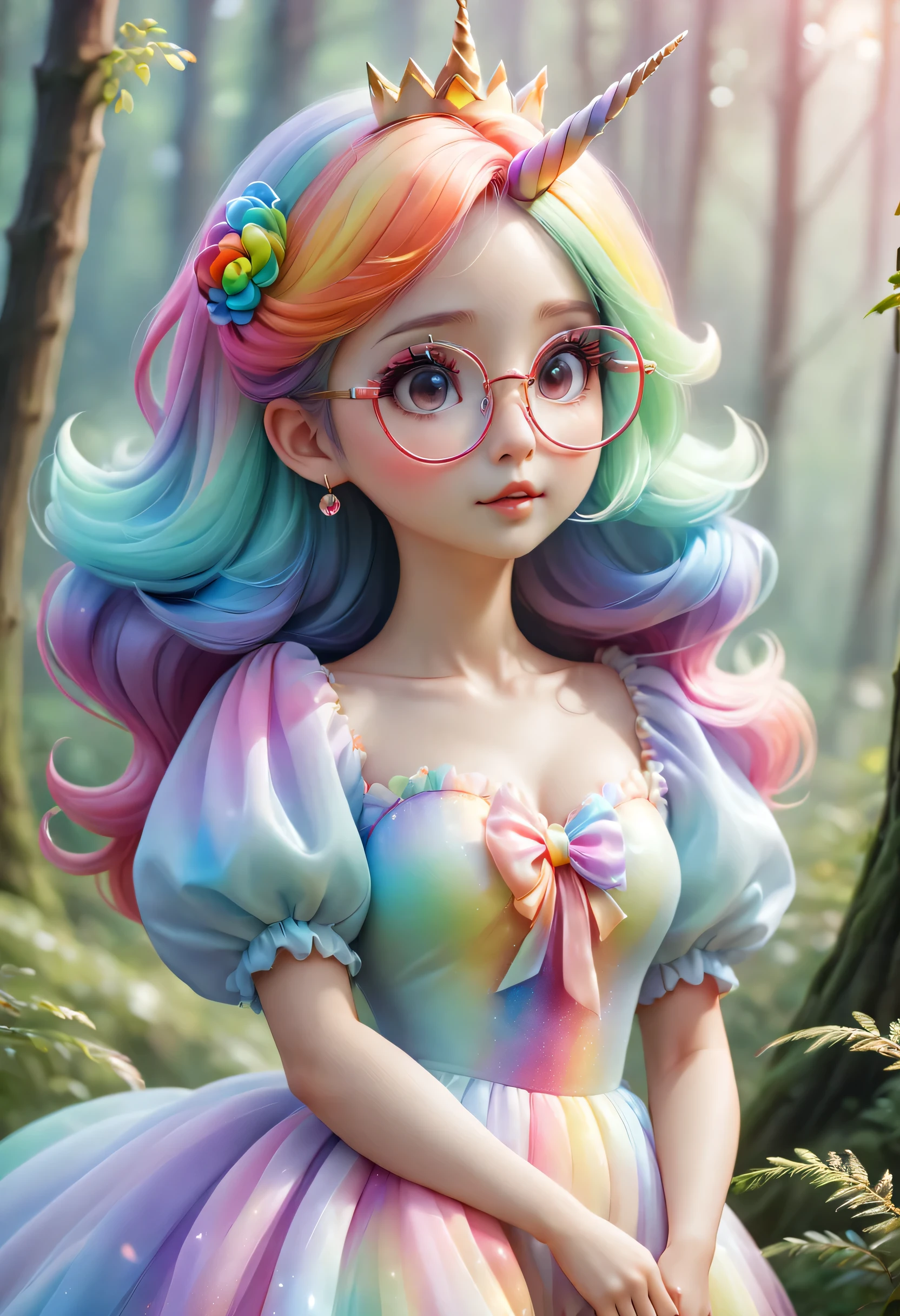 （unicorn，搞怪的unicorn女士，personification），Rainbow color princess dress，puff sleeves，Glasses。colored hair，，Rainbow Tail，Fantasy forest background blur