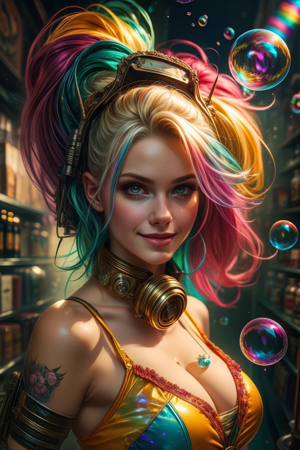 samdoesarts style drunken beautiful woman as delirium from sandman, (hallucinating colorful soap bubbles), smiling, by jeremy mann, by sandra chevrier, by dave mckean and richard avedon and maciej kuciara, punk rock, tank girl, high detailed, cowboy shot, 8k, lots of bubbles