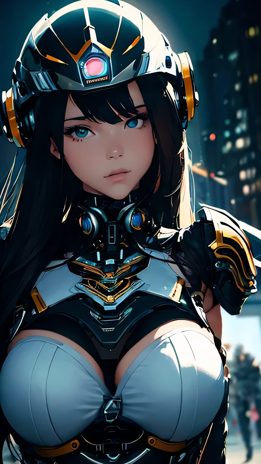 best image quality, excellent details, 超High resolution, (fidelity: 1.4), best illustrations, Favor details, 1girls high concentration, With a delicate and beautiful face, dressed in black and white mecha, Wearing a mecha helmet, Have a direction controller, riding on motorcycle, the background is a high-tech lighting scene of the futuristic city. masterpiece, 最high quality, high quality, High resolution, (portrait)