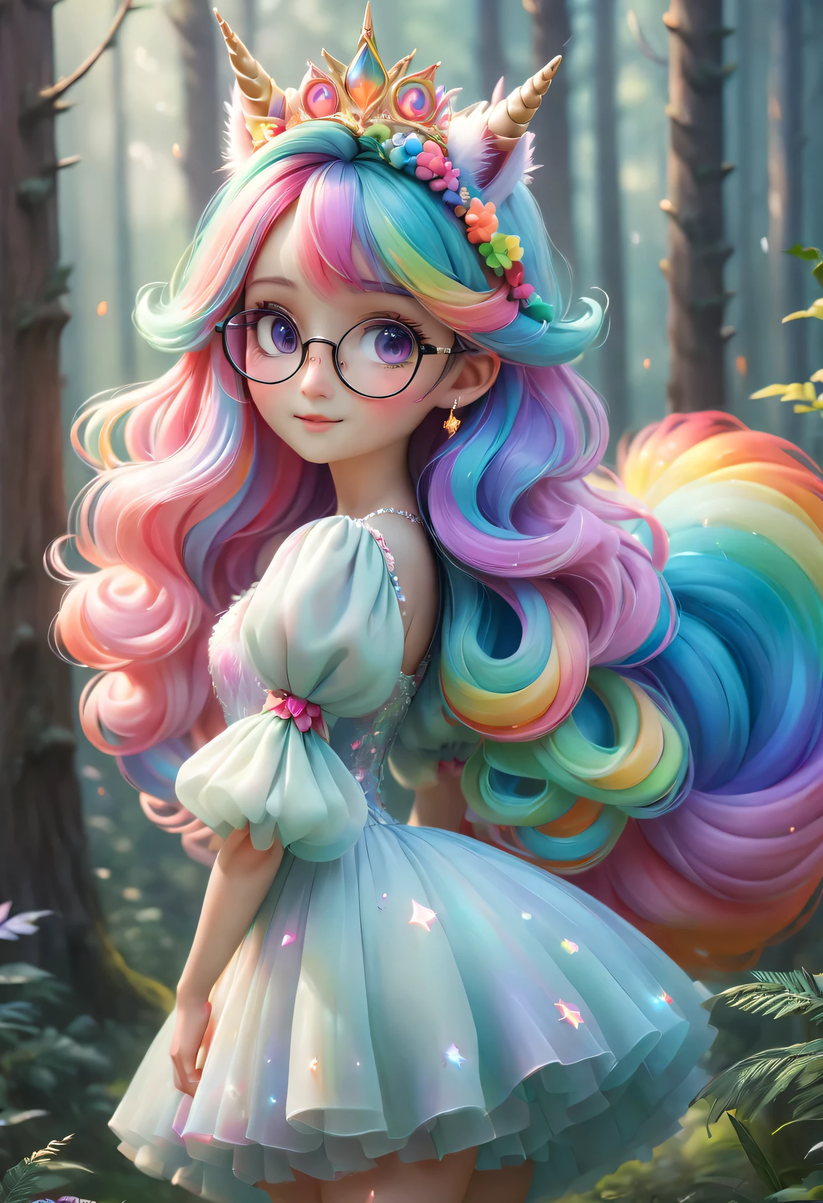 （unicorn，搞怪的unicorn女士，personification），Rainbow color princess dress，puff sleeves，Glasses。colored hair，，Rainbow Tail，Fantasy forest background blur