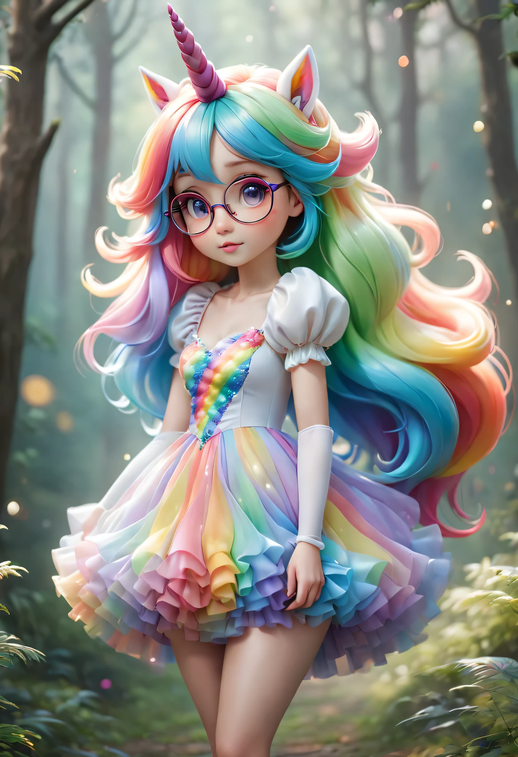 （unicorn，搞怪的unicorn女士，personification），Rainbow color princess dress，puff sleeves，Glasses。colored hair，，Rainbow Tail，Fantasy forest background blur