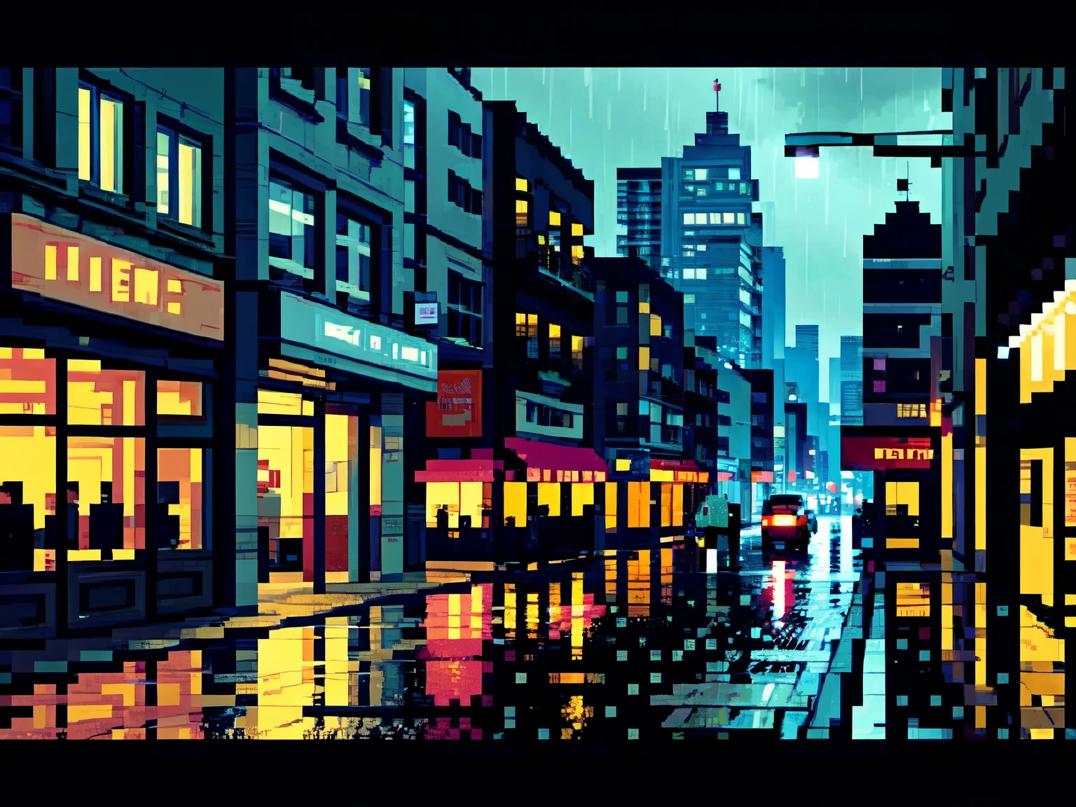 A pixelated city street scene at night. It's raining and the street is wet. There are buildings on both sides of the street with lights on inside. There is a woman in the center of the street with an umbrella.