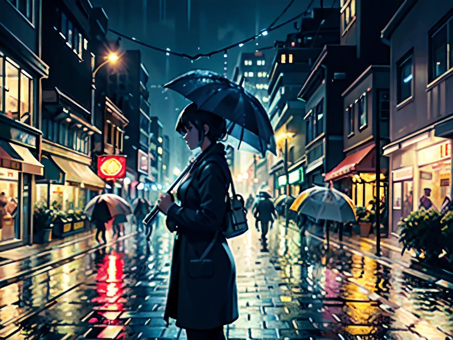 A pixelated city street scene at night. It's raining and the street is wet. There are buildings on both sides of the street with lights on inside. There is a woman in the center of the street with an umbrella.