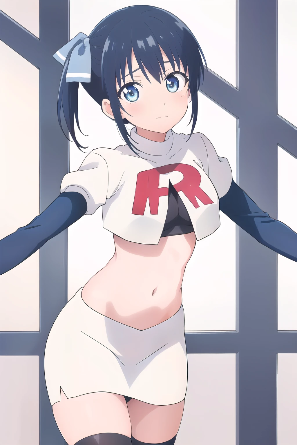 ((best quality)),((highly detailed)),masterpiece,absurdres,detailed face,beautiful face,(detailed eyes, deep eyes),(1girl),((dynamic pose)), minase, solo, 1girl, looking at viewer, blue bow, blue eyes, bow, side ponytail, blue hair, anime background, bangs, team rocket,team rocket uniform,white skirt,red letter R,crop top,black thigh-highs,black elbow gloves