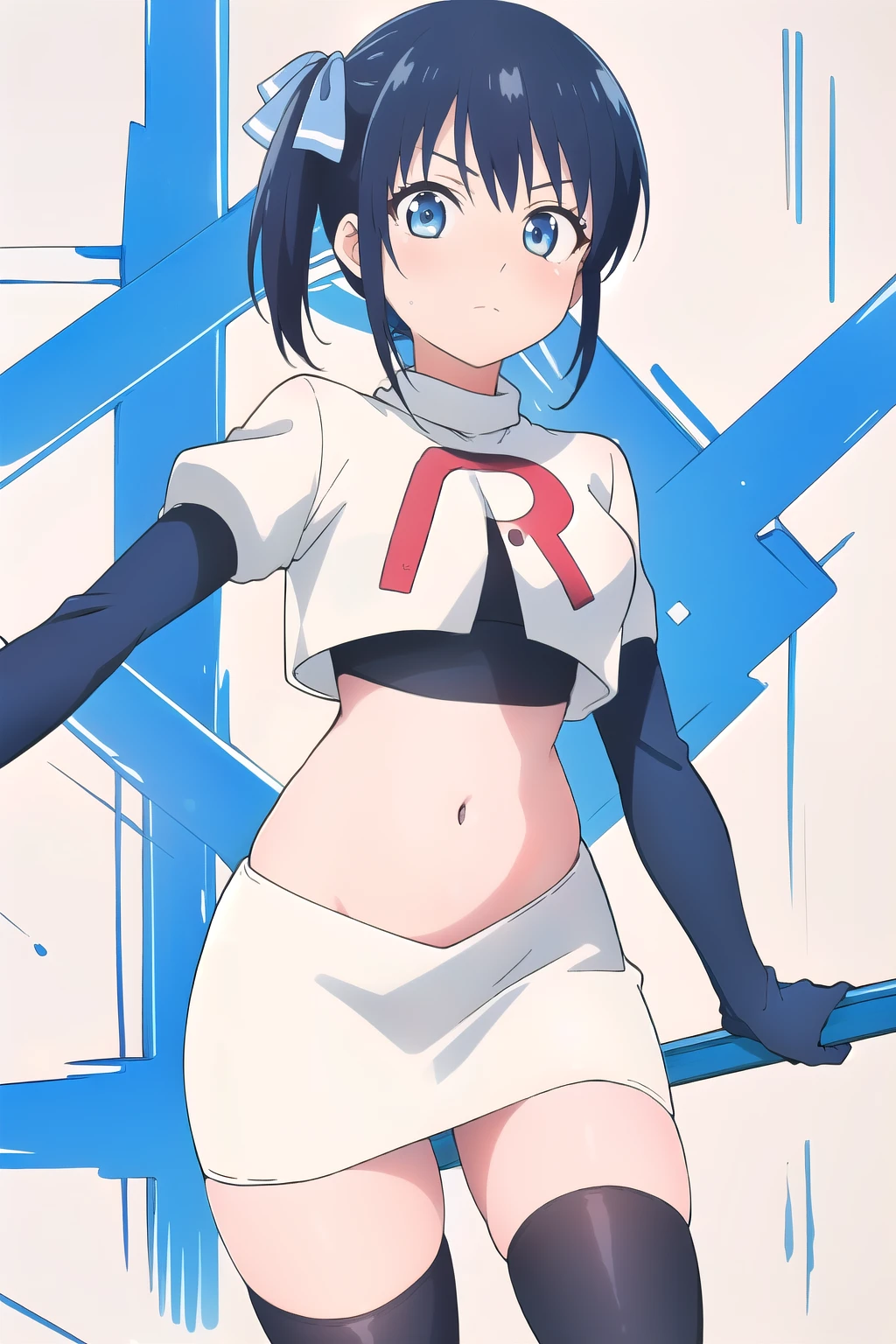 ((best quality)),((highly detailed)),masterpiece,absurdres,detailed face,beautiful face,(detailed eyes, deep eyes),(1girl),((dynamic pose)), minase, solo, 1girl, looking at viewer, blue bow, blue eyes, bow, side ponytail, blue hair, anime background, bangs, team rocket,team rocket uniform,white skirt,red letter R,crop top,black thigh-highs,black elbow gloves