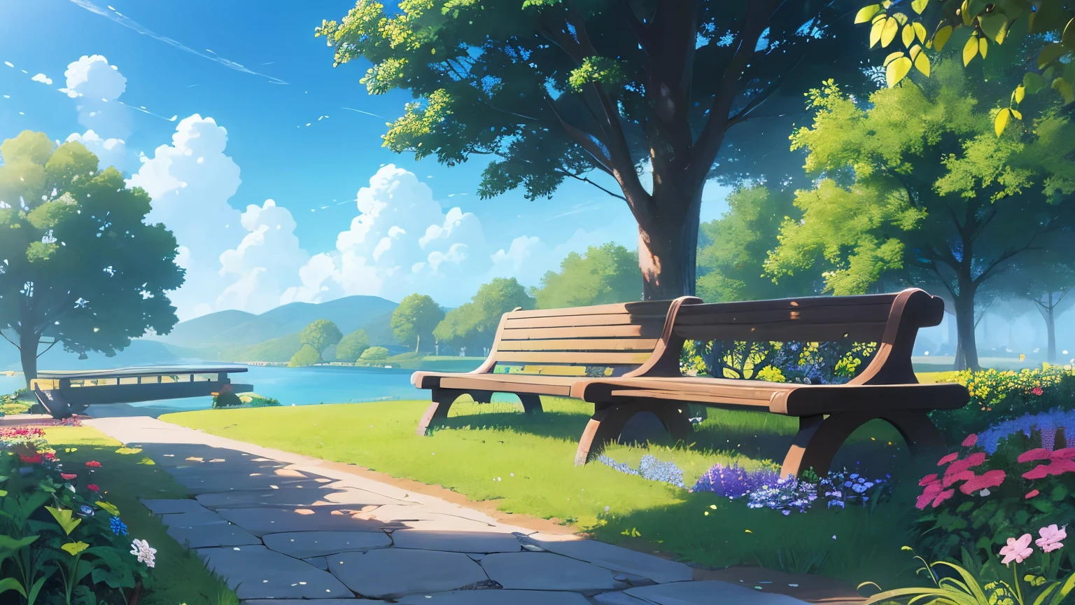 The background is a park、road、squirt、blue sky、Plants、grass、bench