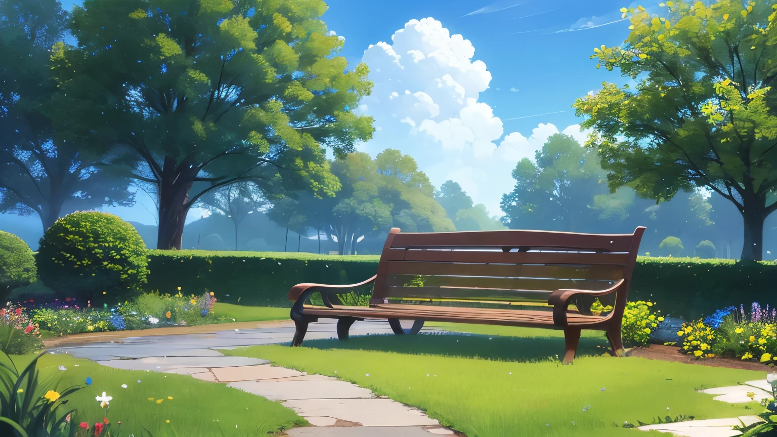 The background is a park、road、squirt、blue sky、Plants、grass、bench