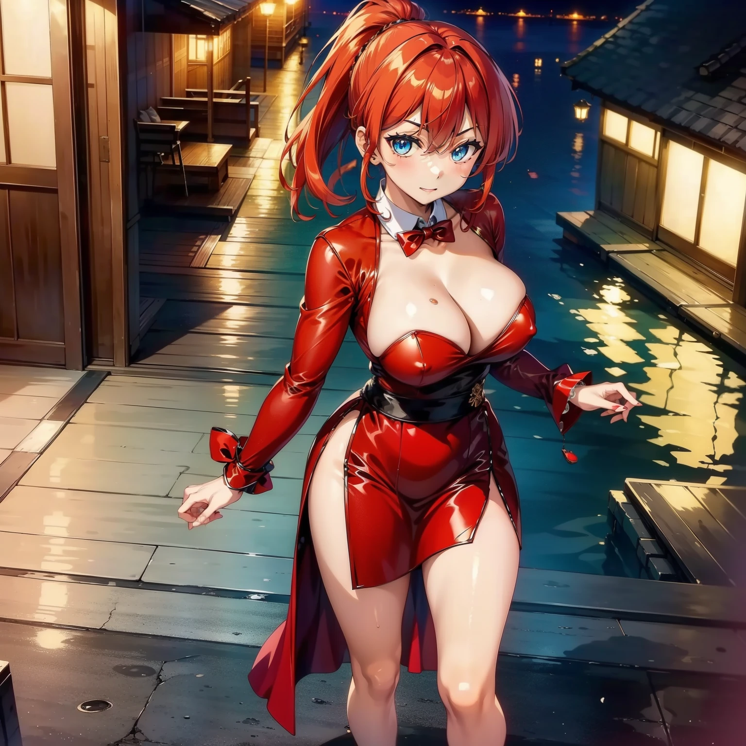 (Masterpiece:1.2, 8k, High Quality, High-Detailed, Detailed CG, Cinematic Lighting, Photorealistic Lighting, Beautiful Detailed Eyes, Ultra Resolution), (Full Body View), (Seductive Expression:1.3), (Erotic Sleepwear:1.0), Large Breast, Feet, NSFW, Five Finger, Red Hair, (Ponytail Hair Style), (ポニーテール), (Braided-Ponytail), (編組のポニーテール), Detailed Hair, Blue Eye, Thigh, (Slide Slit Skirt:1.5), Smooth Skin, Wooden Floor, Chinese Architectures Background