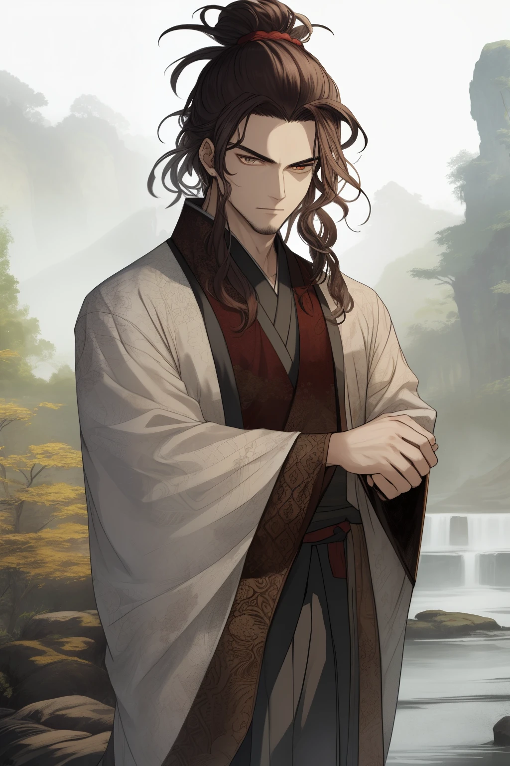 In the tranquil ambiance of the Tang Dynasty, a poet stands, embracing the essence of his surroundings. He wears a flowing silk robe, the rich hues of the fabric depicting a tapestry of intricately woven patterns. His features are distinguished, with a sharp jawline, narrow nose, and expressive eyes – twin pools of wisdom and introspection.

His long, wavy hair is tied back in a classical top knot, framing his face and revealing a subtle hint of a forehead. The poet's hands are poised, holding a traditional brush and ink set, ready to commit the beauty of nature to paper. In the background, a