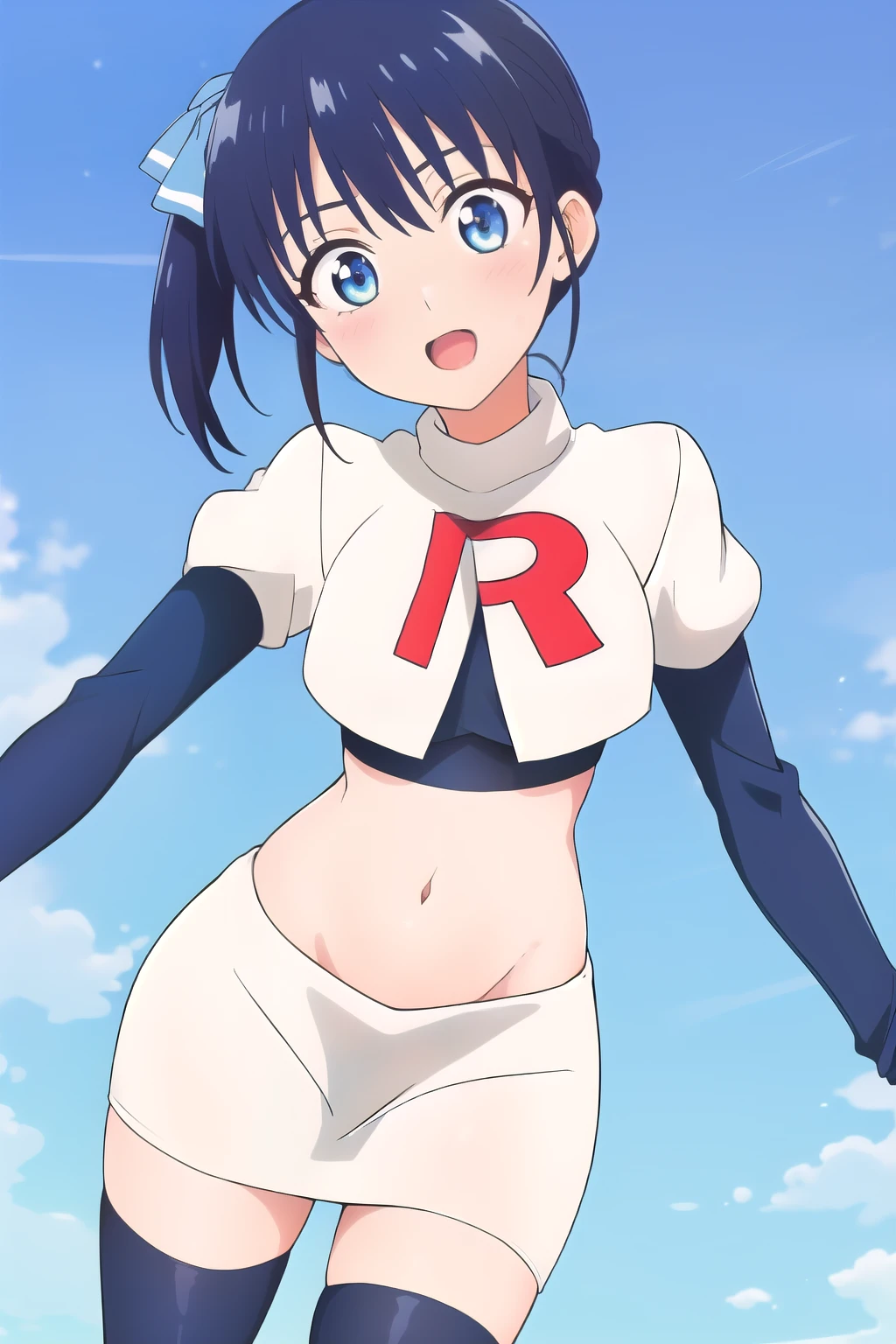 ((best quality)),((highly detailed)),masterpiece,absurdres,detailed face,beautiful face,(detailed eyes, deep eyes),(1girl),((dynamic pose)), minase, solo, 1girl, looking at viewer, blue bow, blue eyes, bow, side ponytail, blue hair, anime background, bangs, team rocket,team rocket uniform,white skirt,red letter R,crop top,black thigh-highs,black elbow gloves