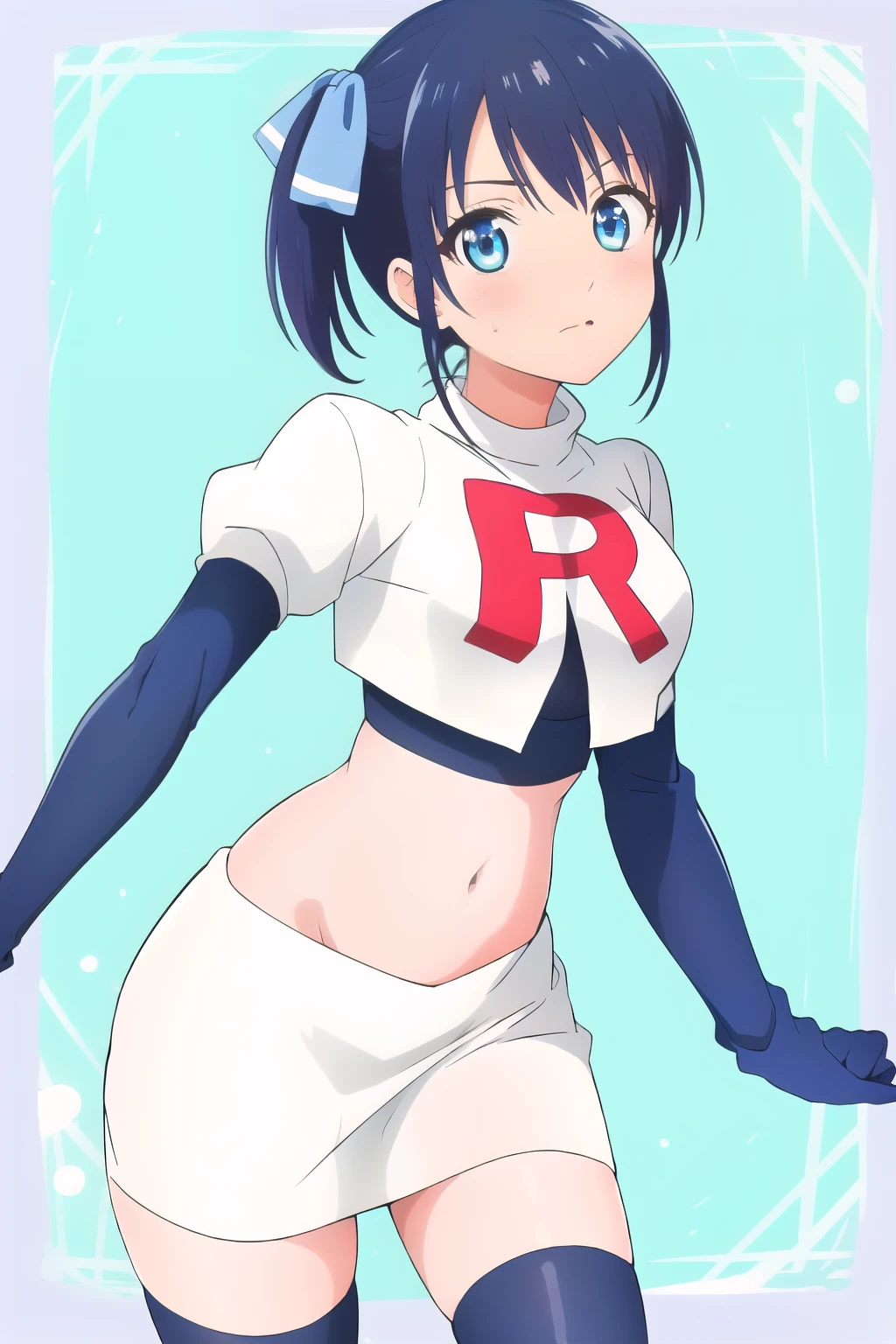 ((best quality)),((highly detailed)),masterpiece,absurdres,detailed face,beautiful face,(detailed eyes, deep eyes),(1girl),((dynamic pose)), minase, solo, 1girl, looking at viewer, blue bow, blue eyes, bow, side ponytail, blue hair, anime background, bangs, team rocket,team rocket uniform,white skirt,red letter R,crop top,black thigh-highs,black elbow gloves