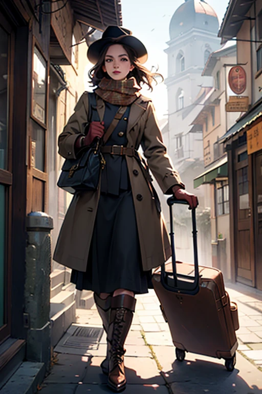 Beautiful woman with a carpetbag, vintage style, brown leather bag, intricately designed patterns, worn with a long, elegant coat, hat tilted to the side, scarf wrapped around her neck, gloves on her hands, carry-on luggage, holding the bag with one hand, Expressive facial features, deep-set brown eyes, pursed lips, a look of determination or excitement, high-quality image, sharp focus, realistic textures, detailed stitching, mid-length skirt and boots, traveling scene, adventure, adventure story, classic, timeless, nostalgic, cinematic.