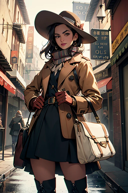 Beautiful woman with a carpetbag, vintage style, brown leather bag, intricately designed patterns, worn with a long, elegant coat, hat tilted to the side, scarf wrapped around her neck, gloves on her hands, carry-on luggage, holding the bag with one hand, Expressive facial features, deep-set brown eyes, pursed lips, a look of determination or excitement, high-quality image, sharp focus, realistic textures, detailed stitching, mid-length skirt and boots, traveling scene, adventure, adventure story, classic, timeless, nostalgic, cinematic.