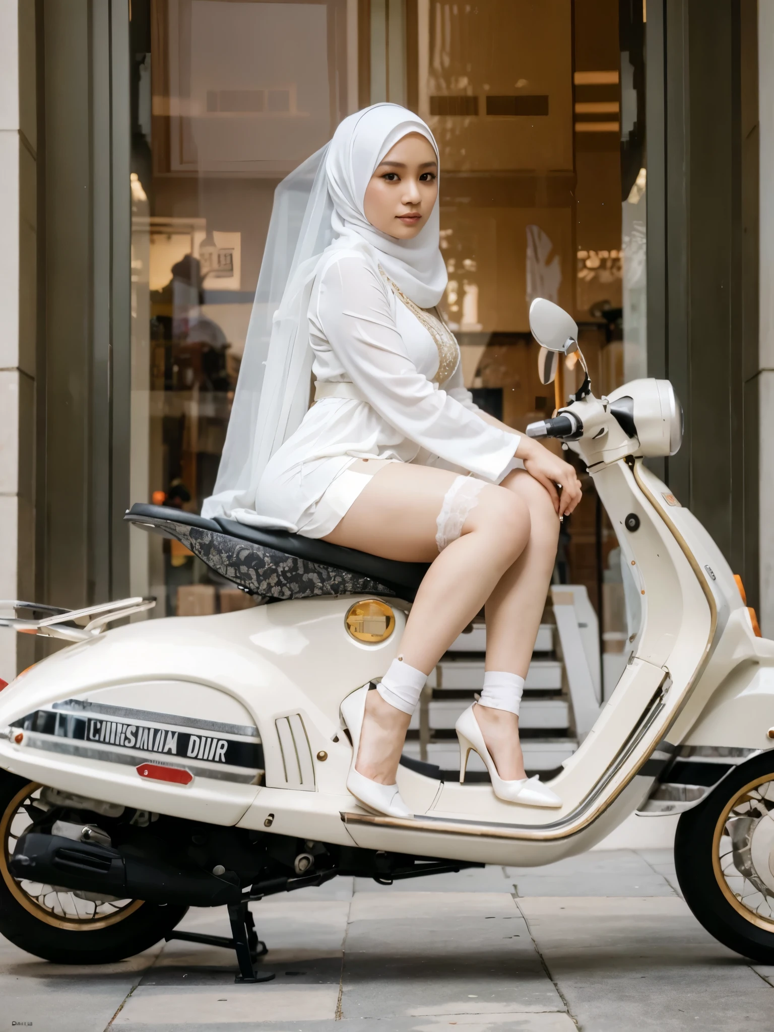 RAW, Best quality, high resolution, Masterpiece: 1.3, Indonesian woman wearing hijab, (30 years old), weight (body 60kg), curvaceous, wearing pearl white lace robe, white long skirt, heels, Masterpiece, Soft smile, riding VESPA bellissima