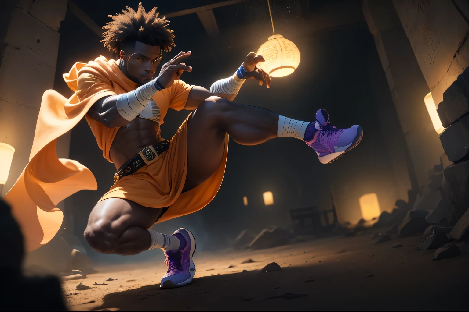 (best quality,ultra-detailed,realistic:1.37) 1man, face like rapper da baby, height is 5 feet 8" tall, dark chocolate skin, slim muscular, wrapped up as a mummy with orange and purple cloths, exposed face, fighting stance, body wrapped up, orange bandages, young rounded face, bandages around legs and torso, woolly hair, low haircut, ceasar fade, dark fantasy, vibrant colors, ominous atmosphere, looks like rapper da baby, nike running shoes, low-key lighting, hieroglyphics, ancient Egyptian, mythology, dust particles,dark shadows, enchanted atmosphere. full body image